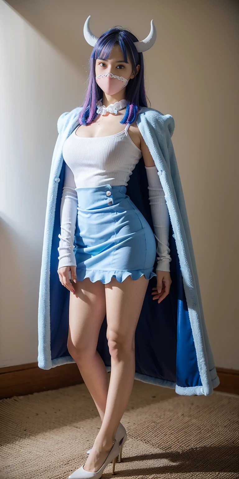 A full-body image of a slim woman with glasses, dyed blue hair, and a quirky fashion sense. She is wearing a colorful dress with a cardigan and boots. She stands in a park, posing playfully, with trees and flowers in the background.