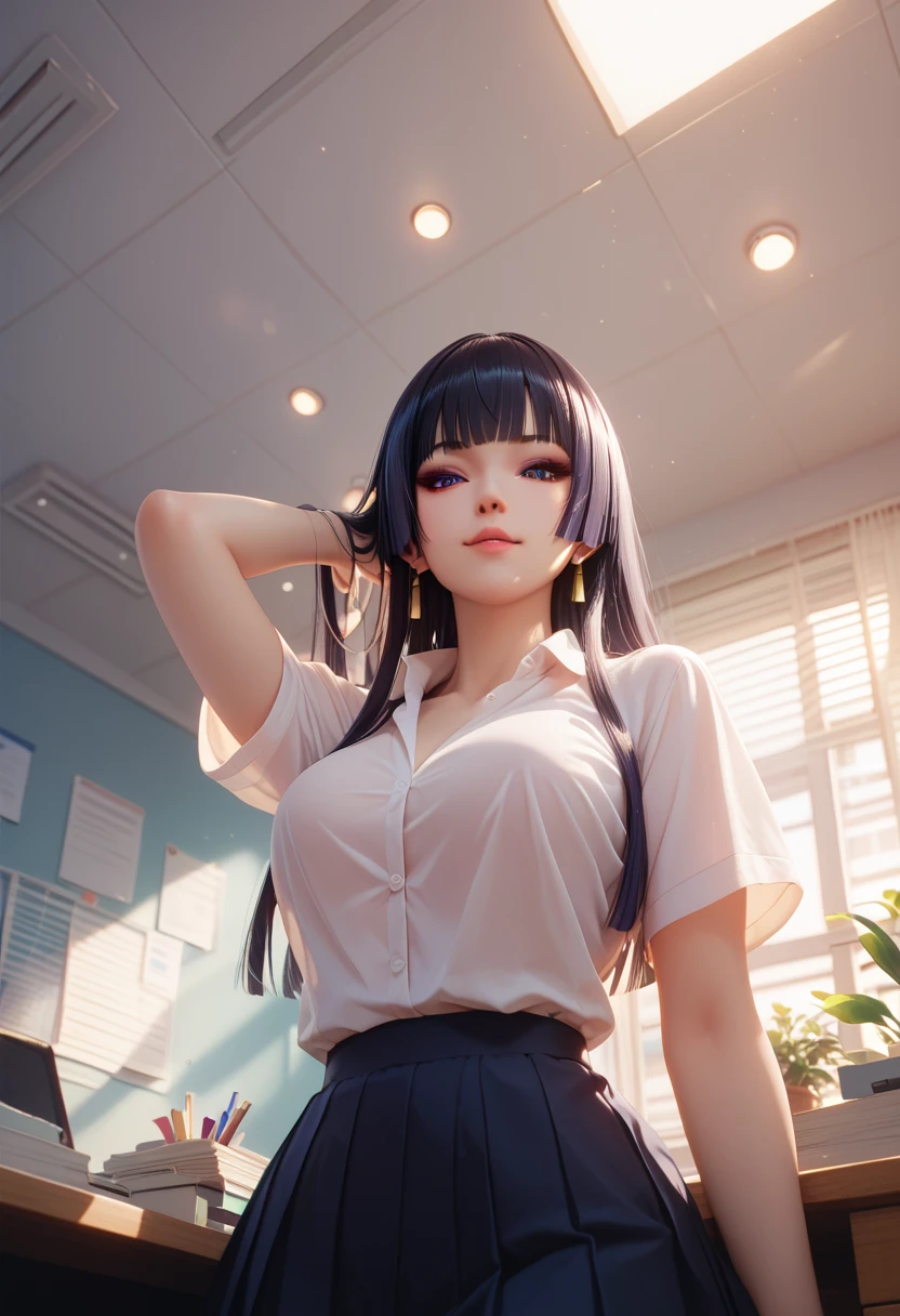 masterpiece, highly detailed, best quality, night, low light, 1girl, solo, Luna, black hair, red eyes, long hair, blunt bangs
