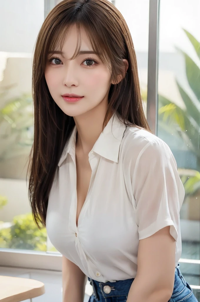 (RAW Photos), (Photorealistic), (masterpiece), (highest quality), High resolution, 8k, (Intricate details), (Volumetric light), Portraiture, woman, Age 35, Medium Hair, Straight hair, Medium chest, Accentuate your cleavage, Layered Hair, Brown Hair, Very beautiful eyes, Source order, Very thin eyebrows, Very fine skin, Very beautiful mouth, Very nice nose, Cute like an idol, Smile, (Thick lips), (Looking at the audience), (White collared dress shirt), Above the knee shot,