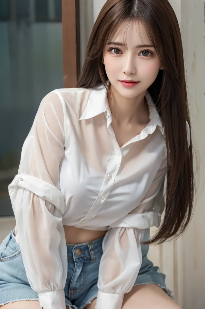 45 year old mulatto woman、Plump、Disarray、Shoulder-length jet black hair、A hair style that is not too full, between straight and wavy、spindly、Wearing office clothes、Wearing a white long sleeve shirt