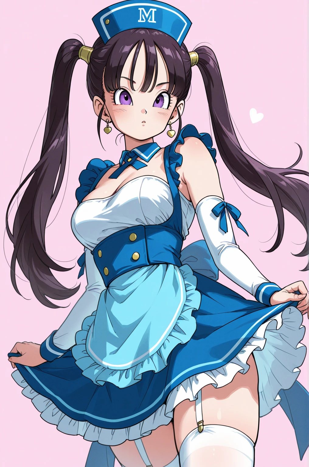 best quality, (masterpiece),(ultra-detailed), (high quality), (high resolution),, <lora:Bouquet:0.7>,1boy, 1girl, ^_^, apron, black background, black hair, bouquet, breasts, choker, cleavage, clenched teeth, large breasts, looking at viewer, medium breasts, open mouth, purple eyes, simple background, smile, solo, twintails