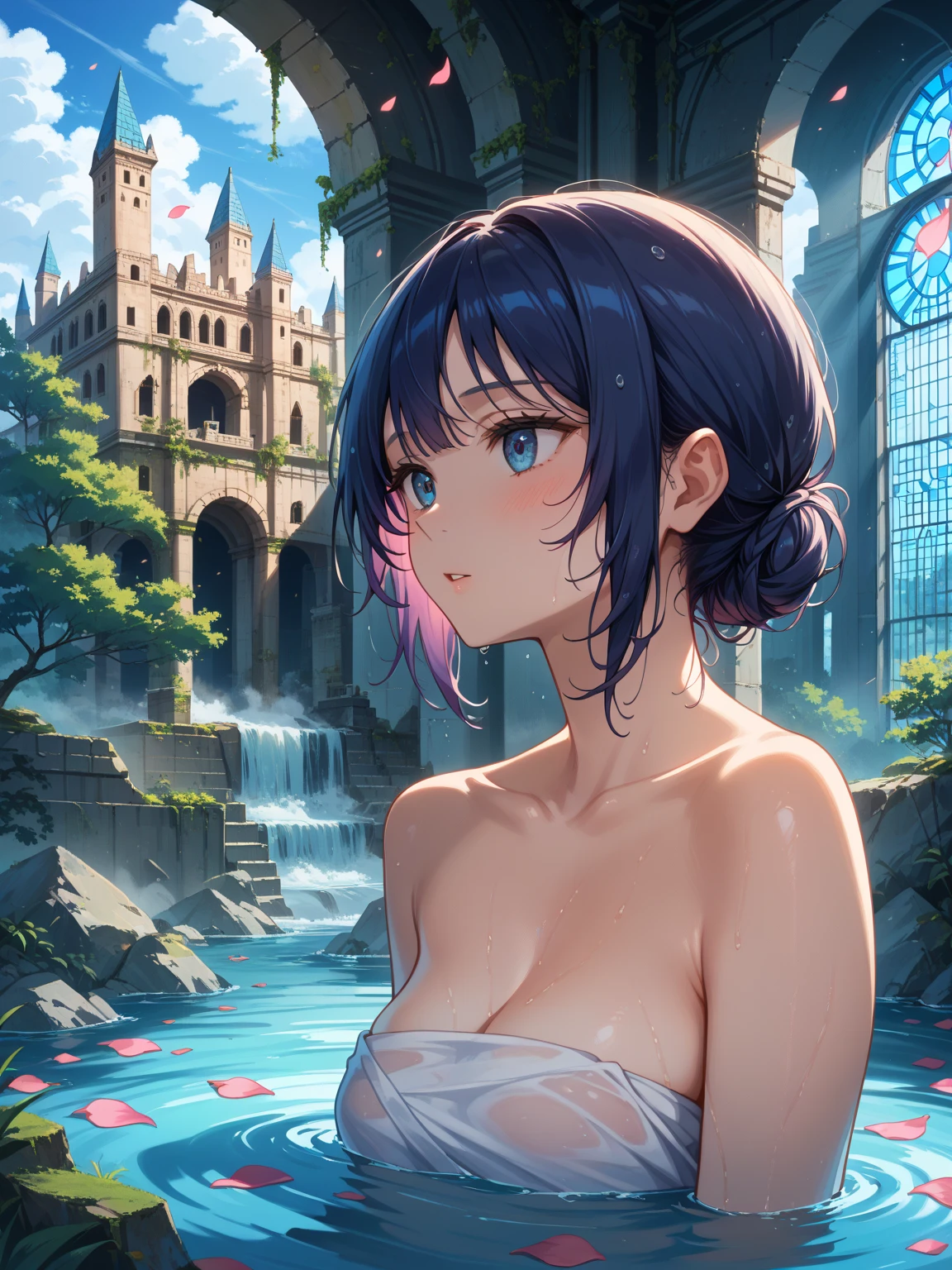 a beauti,blue pink hair,Purple eye,largeeyes,Eyes,shyexpression,Dita,The chest is large,Thin waist,taking a shower,empty handed,Eau,the night,lamplight,steins,open air,common bathing pool,Sit in the water,The upper body is in the water,The whole body is immersed in water,A white towel is draped over his chest,No bra