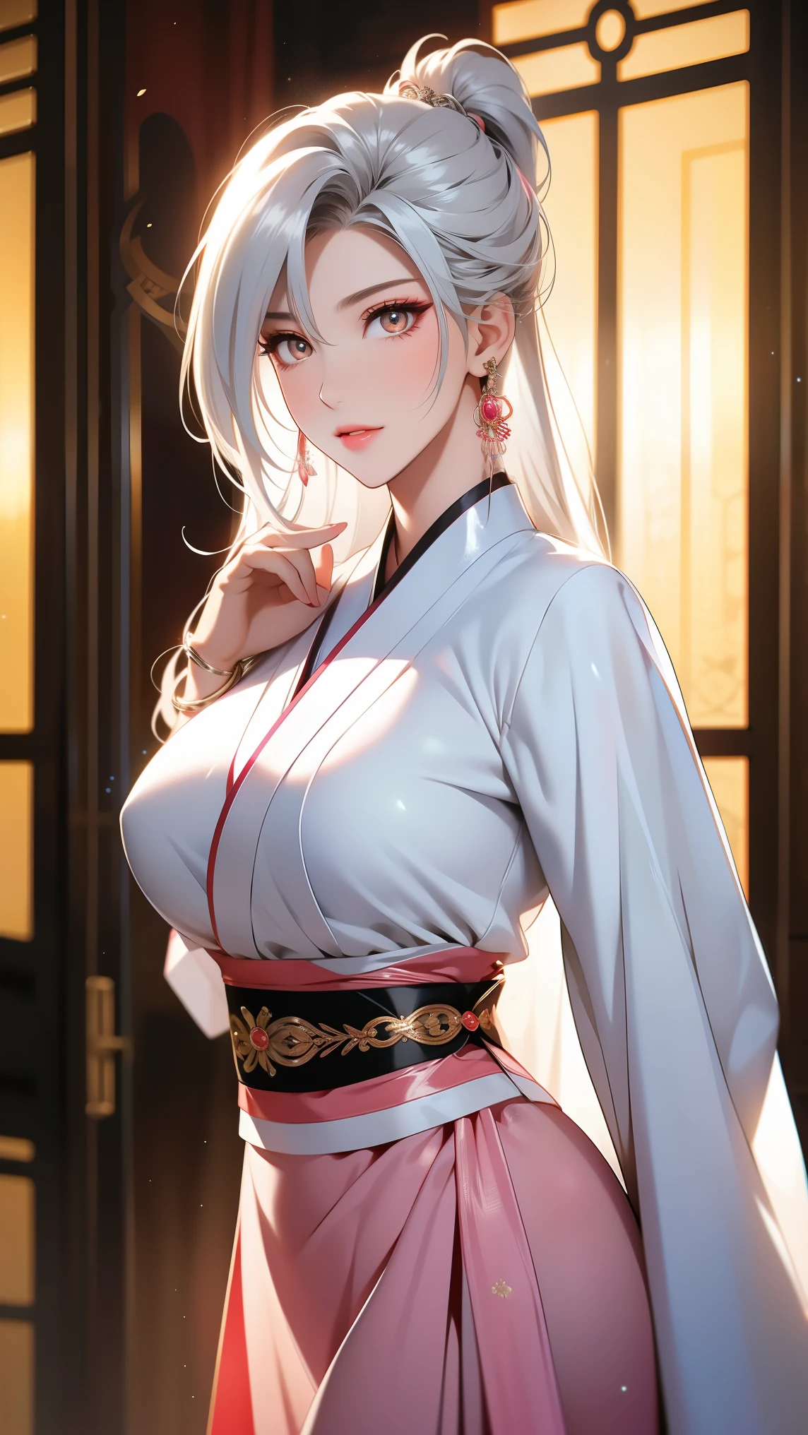 Light white hair, blunt bangs, asymmetrical hair, hair behind the ears, long hair, wavy hair, blue eyes, cat pupils, eyebrows behind hair, cat ears, severe, facial hair, UHD, anatomically correct, textured skin, high detail, 1080P, Japanese traditional clothing, sexy, exposed, big breasts, in the night garden, the most beautiful pose