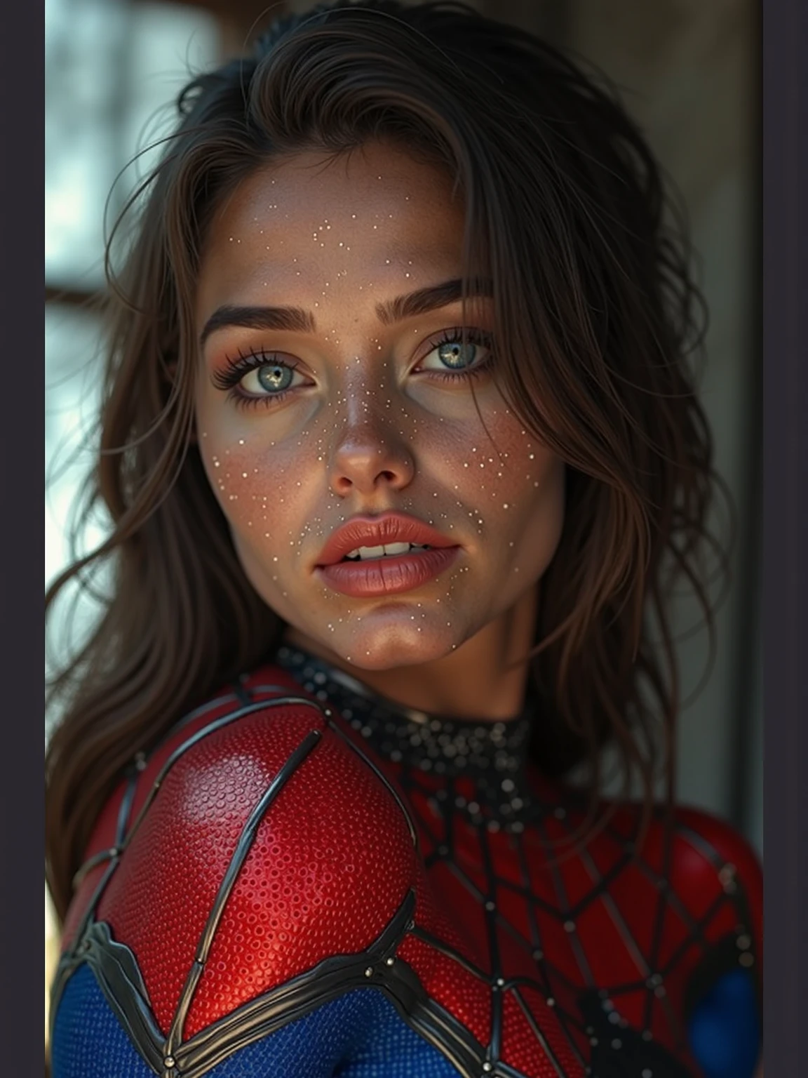 RAW, (best quality:1.17), (masterpiece:1.17), (semi realistic:1.17), contrast, superheroine photo, the phoenix from xmen, (detailed eyes:1.3),(smile:1), (freckles:1.1), (skin pores:1.1), (wearing superheroine suit:1.2), (look at viewer:1.2), (high quality face:1.1), (high detailed face skin:1.1), (realistic iris:1.1), (realistic pupils:1.3), (realistic lighting:1.1), (beautiful moles and freckles:0.1), (film noise:1.1), (film grain:1.4), analog style, hybrid superheroine cosplay, (wearing superheroine suit:1.2), (look at viewer) (skin texture) (film grain), (hyper realistic texture skin:1.17), (warm hue, warm tone:1.2), close up, cinematic light, side lighting, Dappled Light, ultra high res, best shadow