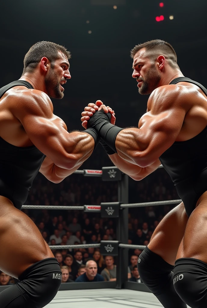 A young Japanese professional wrestler A and a senior Japanese professional wrestler B are in the ring.。They are on the same team。
A is buzzcut and muscular、Wearing short tights。Sweaty。
B is short-haired, muscular, and dark-skinned、Wearing short tights。
A and B sit with one knee on the ring。Raise your arms and strike a macho pose。
Fujifilm, Looking up from the feet, 