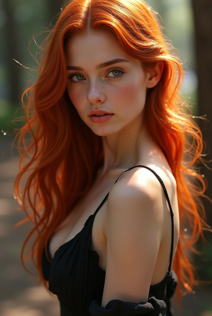 ultra realistic, photography, long red hair, girl, 24 years old, hourglass figure, perfect body, long legs, Flirty look, extremely detailed artgerm, in the style artgerm, small natural breasts, facing the camera, Nikon z fx, lens 35 mm, blur background, wearing a red very lowcut top, wearing black skinny jeans, outside in a park,