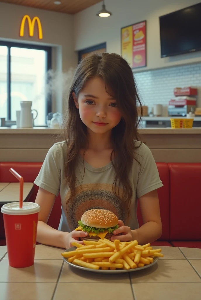 cartoon, masterpiece, best quality, (realistic), extreme detail,volumetric lighting, 8k, detailed face, young woman, vivian james, hairband, four-leaf clover, striped, hoodie,hood down,jeans, sitting at fast food restaurant, eating burger, happy, smiling, window, table, bottle, chair, french fries,
<lora:4chan_vivianjames-08:0.7>