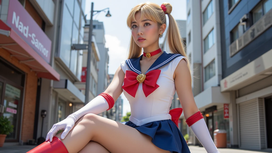 1girl, sailor moon outfit,legs,thighs,curvy,sitting,flowing brown hair,Exquisite visuals, high-definition,masterpiece,best quality, <lora:Sailor Outfit:1>