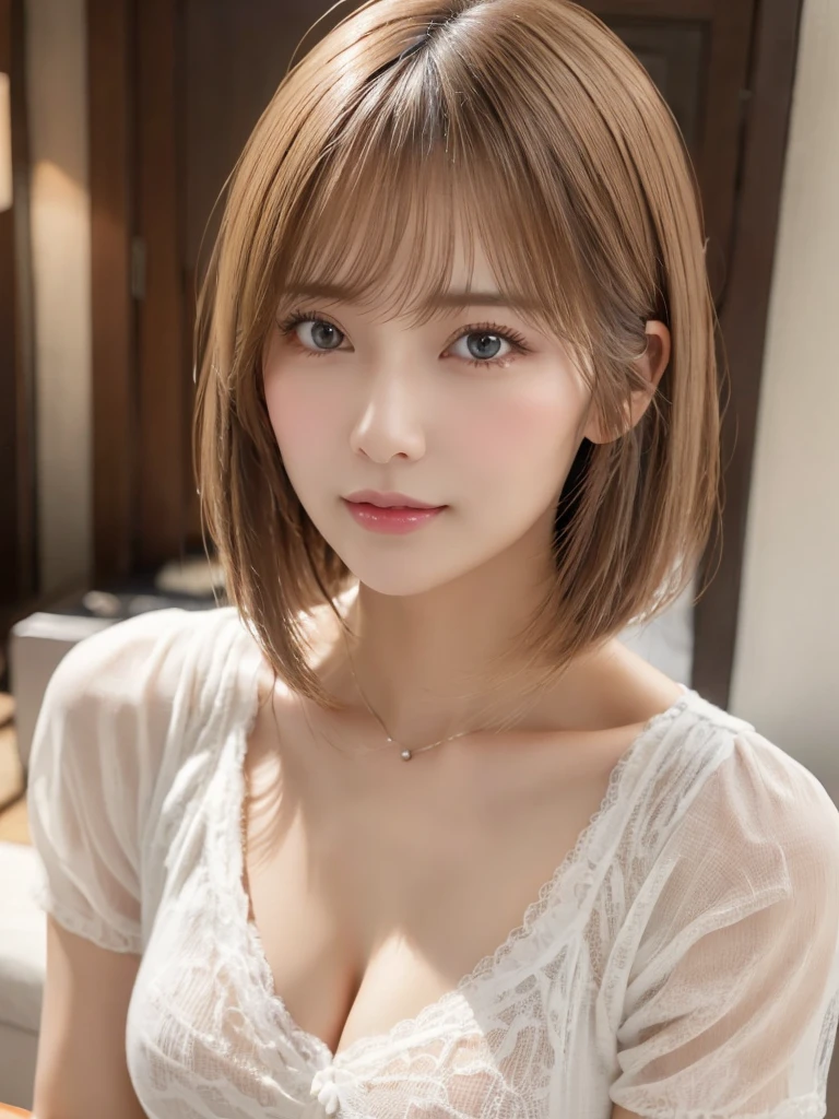 super highest quality, face focus, soft light, ultra high resolution, (realistic:1.4), RAW photo,
1 Japanese girl, alone, cute, (pupil, There&#39;There&#39;There&#39;There&#39;s a light in my eyes),  (detailed beautiful face:1.3)  ((High resolution details of human skin texture:1.3) Beautiful glossy fair skin　　(Beautiful three-dimensional effect)　
indoor,
Sleeveless dress, (Beautiful straight bob hair down to the tips:1.3)  elegant and neat　　intelligent and stylish
(portrait)  Focus on pupil in high definition　diffused light from window　beautiful gradation　gentle smile　(beautiful gradation:1.3)  gentle smile　