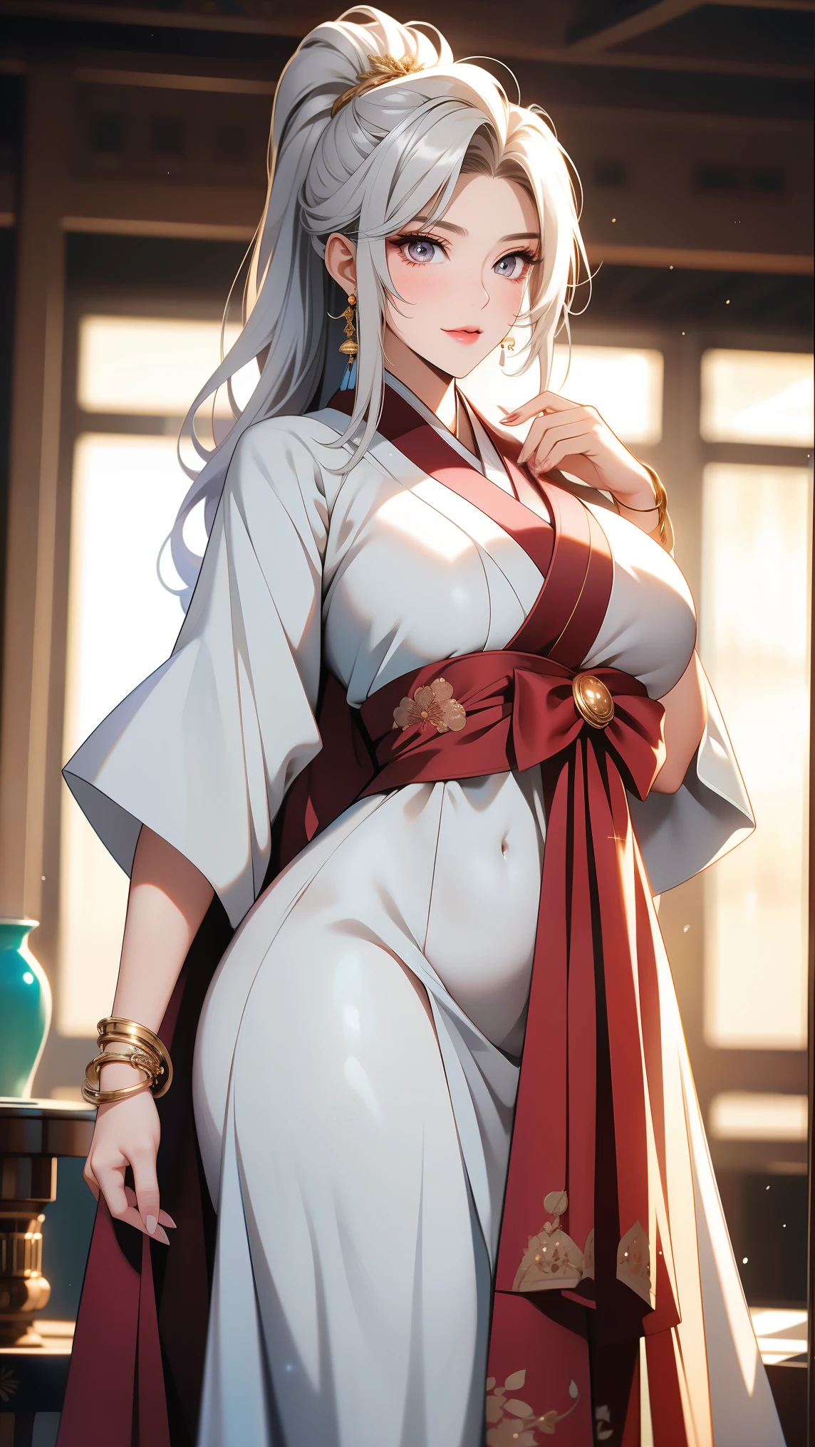 ((One personの女性)), Beautiful Face, Laughing embarrassedly, (laugh:1.2),((Wink:1.9)), (head tilt:1.3), Laugh with your mouth wide open, upper teeth, ((breath:1.9)), looking down at viewer,((undressing kimono:2.4)), (((full-face blush:1.6)),Glossy Red Lips,rooftop, firework, Glossy red lips, Shining Face, ((Anime style background)),masterpiece, Highest quality, so beautiful,up to date, Complex details, (Pink long nails),(ring),(bracelet),(Floral choker),AI-generated, Complex,High resolution, Highest quality, super high quality,3D Images、3D Images, One person, Long white hair, High Ponytail, Anime woman posing for a photo, (blue eyes), ((Fine grain、Silvery white, lightly pigmented eyes、Shining Eyes:1.4)), (Squint your eyes:1.1),a hyperRealistic , hyperRealistic , Realistic,Anime woman with long white hair, Smooth anime CG art, A woman in a colorful kimono with gold embroidery, ((Black long sleeve kimono)),Red floral pattern,Long flower hair ornament,Earrings,Mature Body,(Big Breasts:1.1),Tall,Abdominal muscles,Tight waist,(Zoom up to face:1.1), (from below),