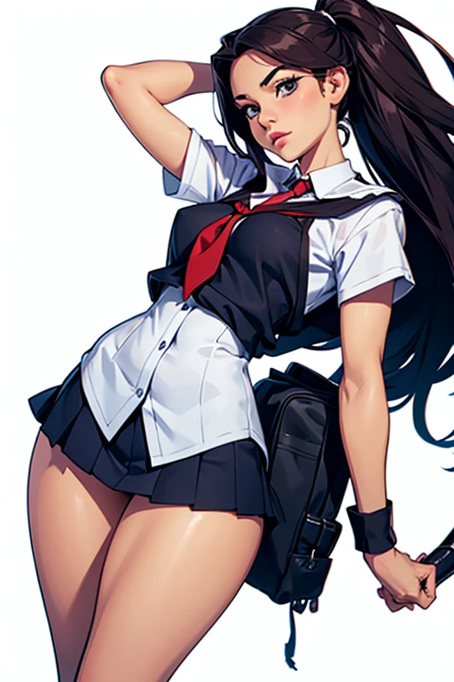 masterpiece,best quality,extreme detail,8k,<lora:laura:0.8>,laura2,1girl,solo,long hair,breasts,looking at viewer,skirt,large breasts,shirt,black hair,thighhighs,bow,navel,cleavage,brown eyes,jewelry,underwear,school uniform,panties,thighs,pleated skirt,midriff,dark skin,arms up,bracelet,official alternate costume,dark-skinned female,lips,crop top,plaid,black panties,red skirt,highleg,wavy hair,plaid skirt,arms behind head,thong,green background,toned,asymmetrical hair,highleg panties,electricity,