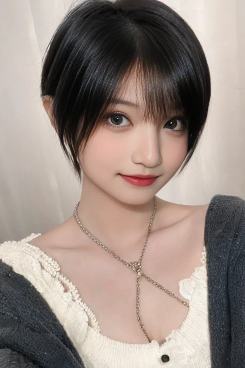 (kawaii 24 year-old Japanese girl, Nogizaka idol, Korean idol), (glossy black hair, pixie cut:1.3), (rounded face, single eyelid, no makeup, soft smiling:1.2), forehead, (wearing off-shoulder knitted sweater, collar bones:1.3), (cleavage, well shaped extra small breasts), (looking at viewer:1.2), BREAK, (outdoor background, standing by the window:1.3), (dynamic angle, face focus:1.3), BREAK, (masterpiece, best quality, photo realistic, official art:1.4), (UHD, 8K quality wallpaper, high resolution, raw photo, film grain:1.2), (shiny skin), professional lighting, physically based rendering, award winning, (perfect anatomy, highly detailed skin textures, extremely detailed face and eyes, well drawn glittering pupils), Carl Zeiss 85 mm F/1.4, depth of field, 1girl, solo,
