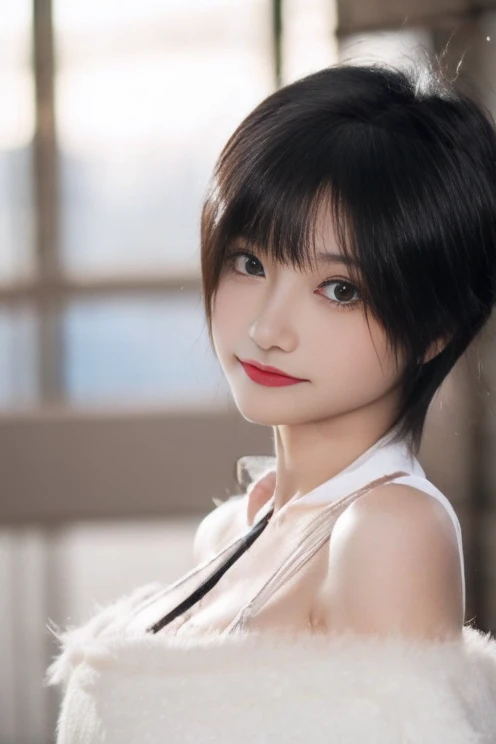 (masterpiece:1.3), (8K, photorealestic, RAW-Foto, best quality: 1.4), (1 girl), pretty face, (realistic face), (black hair, shorth hair:1.3), lovely Frisur, realistic eyes, lovely, detailled eyes, (realistic skin), nice skin,most absurd, attractive, Ultra high resolution, ultra realist, muito detalhado, golden ratio