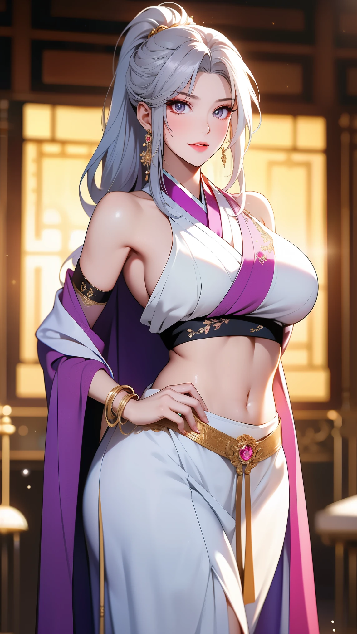 a close up of a woman in a sexy transparent white gold low-cut lace armor cleavage big breasts with a lotus flower in her hand, head jewelry, violet necklace, jade belt , toned abs, a beautiful fantasy empress, ((a beautiful fantasy empress)), beautiful celestial mage, beautiful character painting, full body xianxia, portrait knights of zodiac girl, by Yang J, g liulian art style, fantasy art style, foreshortening