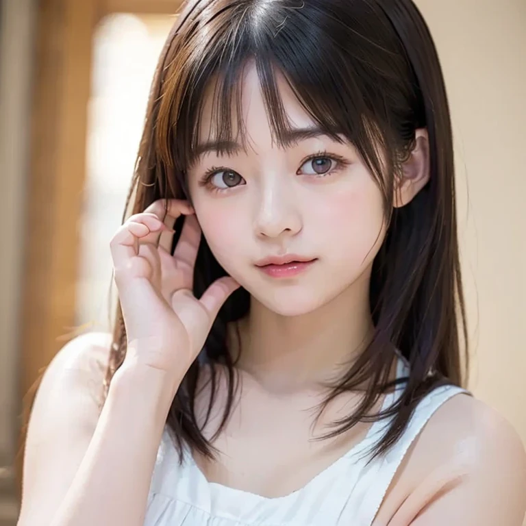 1 Female, Updo, (Ultra Realistic, High resolution),round face、 Fine and beautiful eyes, Lifted eyes、Big eyes、double eyelid、Thin eyebrows、Red around the eyes、Dolly Makeup、Thin lips, Pastel colored tight blouse、Knitted micro mini skirt, A kind smile, (highest quality:1.4), RAW Photos, (Realistic, photo-Realistic:1.37), Professional photography, Cinematic Light, (Very beautiful face: 1.2),Very large breasts、Cleavage、Voluptuous thighs、Pictured from head to knee