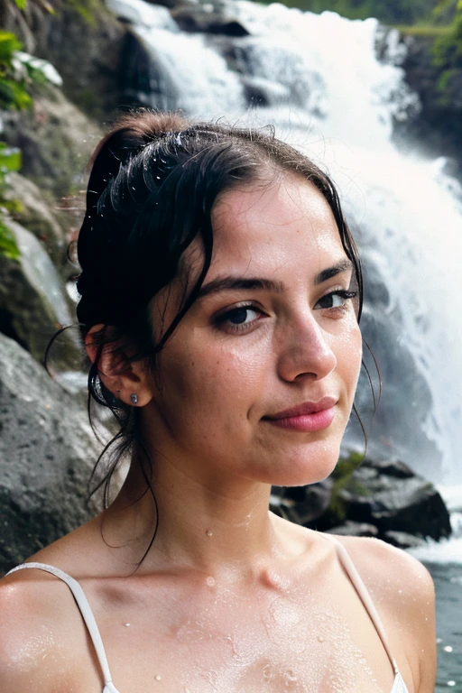 Night scene, close-up photo of lovely girl in minimal sheer bikini, small breasts, bathing near the waterfall, body soaked in water, lean cheeks, wet hair, chin up, seductive face, no bra, stones, pure water, cleavage show, water on the body, realistic pores on the body, look up at the sky and smile, black ponytail hair, (blue eyes: 0.8), beautiful adult face, 20 yo, soft volumetric lights, (backlit: 1.3), (cinematic: 1.3), intricate details, (ArtStation: 1.2)