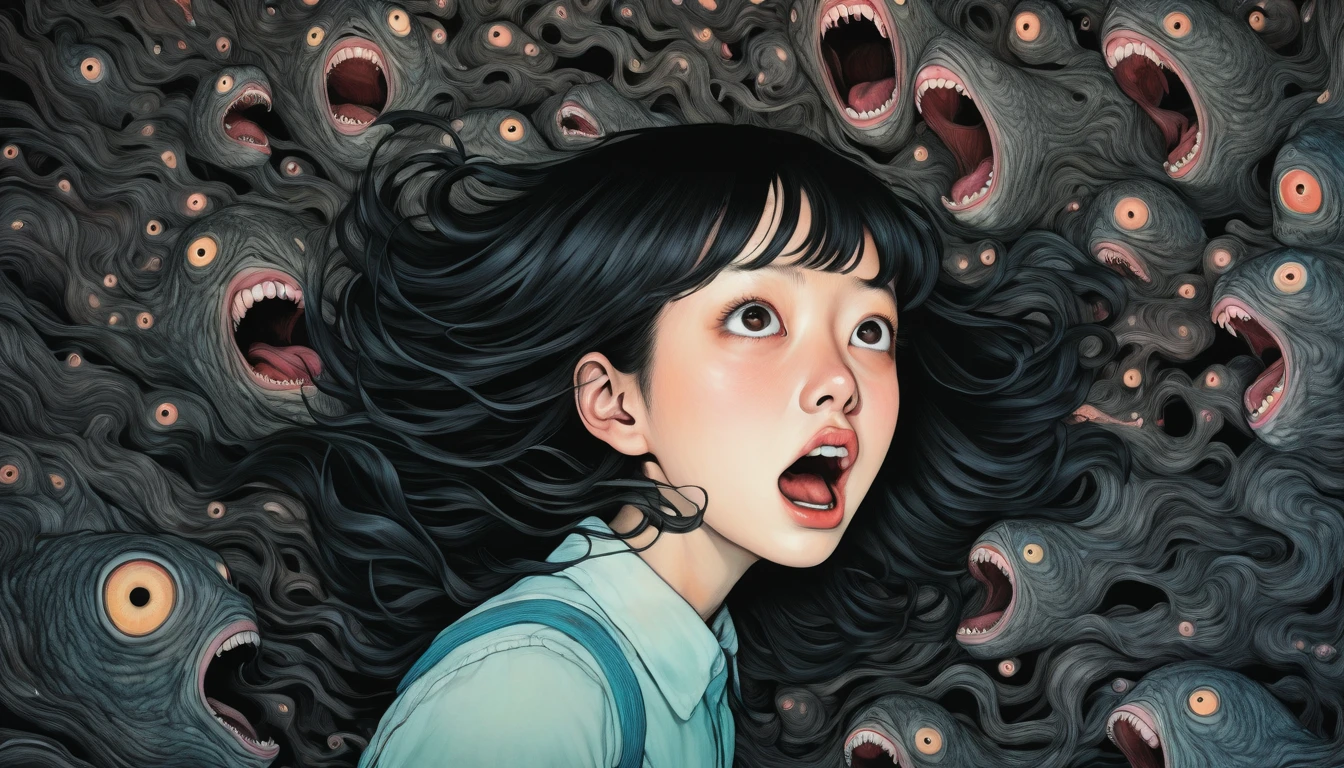 An illustration、art、Supervised by Junji Ito、Overaction、Overreaction、Pretending to be scared、Attention to detail, Realistic shadows、Analog Style, chromatic aberration, Surrealism