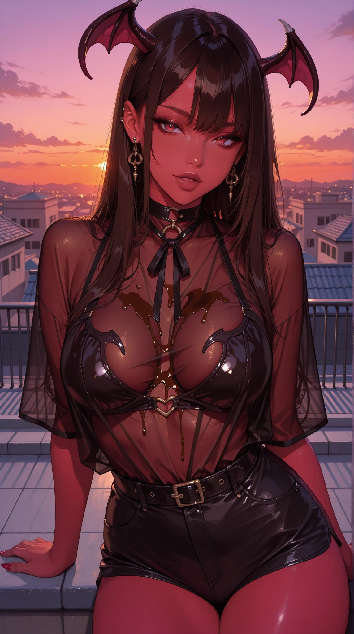 full body, transparent clothes, girl with oni horns, transparent underwear, showing pubic hair, perfect vaginal shape, big breasts, peeping purple peeps, (masterpiece), best quality, high quality, hyperrealism, extremely detailed, (watercolor), flower, delicate and beautiful, illustration, (1girl:1.9), goring covering boobs one arm, (single:1.6), (perfect breasts:1.7), (open transparent sweater peeping over peeps:1.3), off-the-shoulder sweater, (see-through shorts:1.2), ((dark skin:1.8)), beautiful eyes, (tousled and curly hair), photography, shot full, by Alex Maleev, professional, sharp, bokeh, studio quality, fisheye lens, beautiful seductive girl, sexy provocative pose, moon lights, grabing arm, cyberpunk face details, exposed small breasts, visible pubic hair, view from below, floating glass, reflective glass pieces, cloudy night sky storm, sunset blue clouds storm cloudy, rough sea, psychedelic waves, skin and clothes wet with water, drops of water, floating bubbles, magical lights, face by tom bagshaw art station, Moon Goddess, Full Length Figure, provocative look, Detailed Face, (Naked: 1.4), (See-Through Lingerie: 1.3), Transparent clothing, slight smile, laughing, Jean-Baptiste Monge style,, ghibli art, bright, beautiful, splash, Glittering, cute and adorable, filigree, rim lighting, lights, extremely, magic, surreal, fantasy, digital art, wlop, artgerm, perfect female body close-up, full body, visible vaginal hair, pink pesones, transparent clothes,