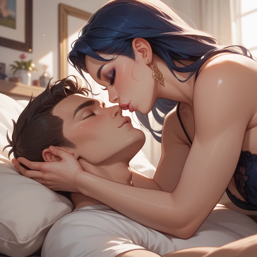 giving blowjob, on bed, enjoying 