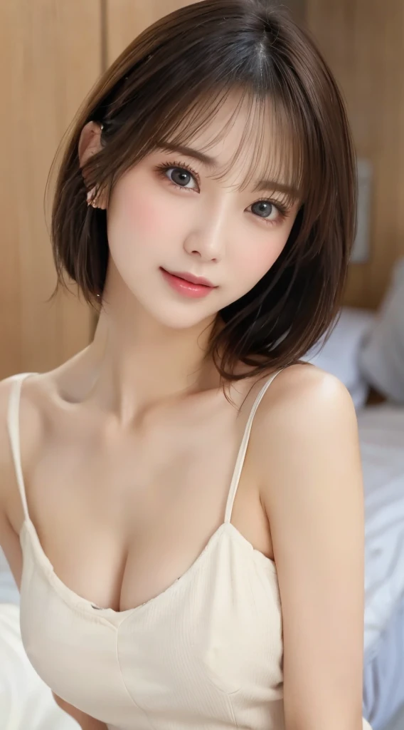 ((Best quality, 8k, Masterpiece :1.3)), 1girl,bed,Pretty woman with slender,Huge breasts,Brown Hair,Super Short Hair,Perm Hair,Half Smile,Negligee,Ultra-detailed face,cute eyes, Double eyelid,Indirect Lighting,Full Body Shot,Showcasing cleavage