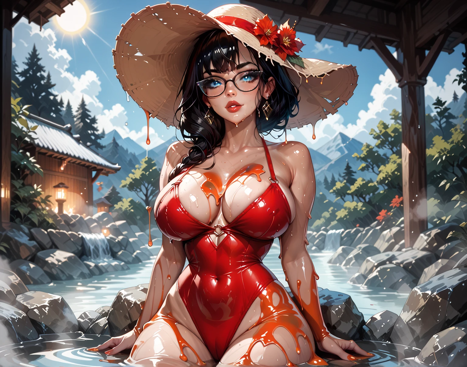 (((solo,1woman, mature, alone))), InuzukaTsume, ((brown hair, Messy hair, Pointed hair, glowing black eyes, blind. wide eyes, lipstick, makeup, narrow waist, skinny, medium breasts, facial_tattoo)), pelvic curtain, ((black bikini)), full body, perfect body, (insanely detailed, beautiful detailed face, masterpiece, best quality), (extremely detailed 8k paper CG wall unit: 1.1), (konohavillage, konoha gate walls, river, lake, tree, mountain, flower, at dawn, zebra cross, cloudy sky, cloud, dusk), (smile face for the viewer), cameltoe view, cameltoe, View from above, Diagonal view