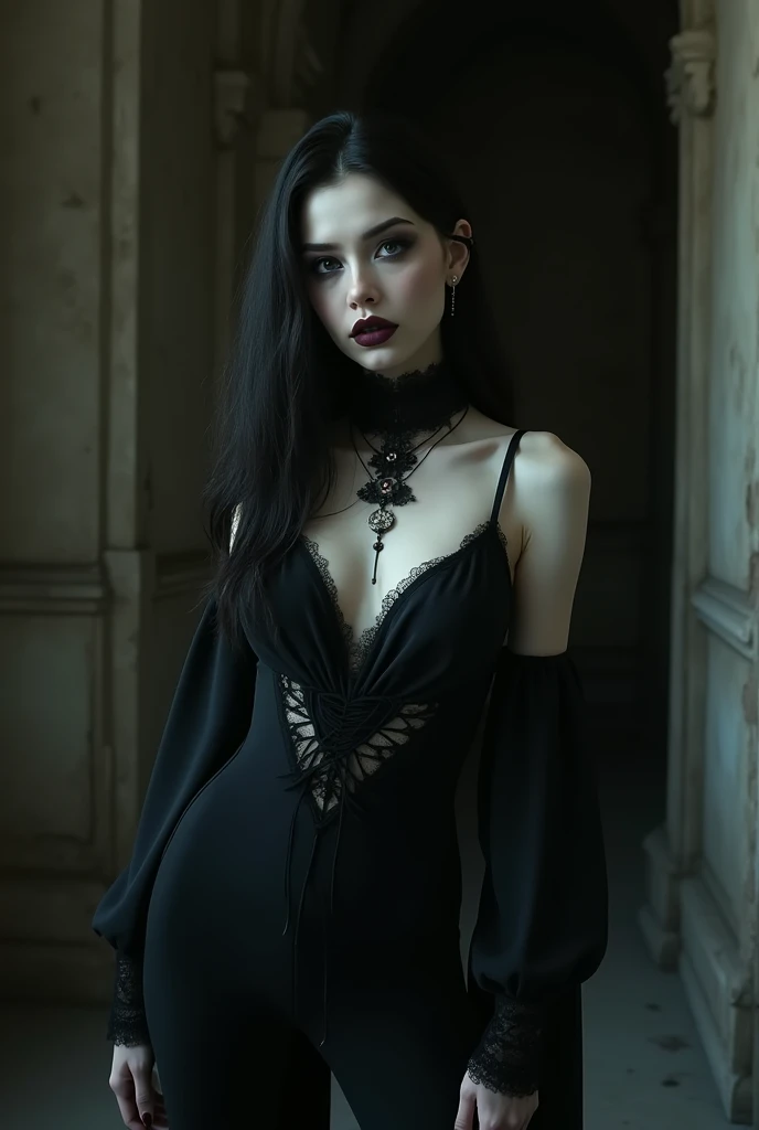 Gorgeous goth girl, 30 yo, long straight black hair, green eyes, elegant clothes, pale skin, resting on a couch, night time, luxurious bedroom, bookshelves, hyper realistic