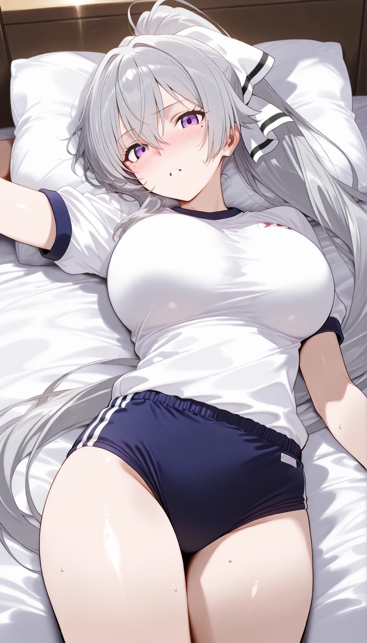 1girl in, Medium White Hair, Beautiful sky blue eyes, Pony tail, Cute, blush, medium breasts, undergarment , bedroom, seductiv, underwear stripes, sweat