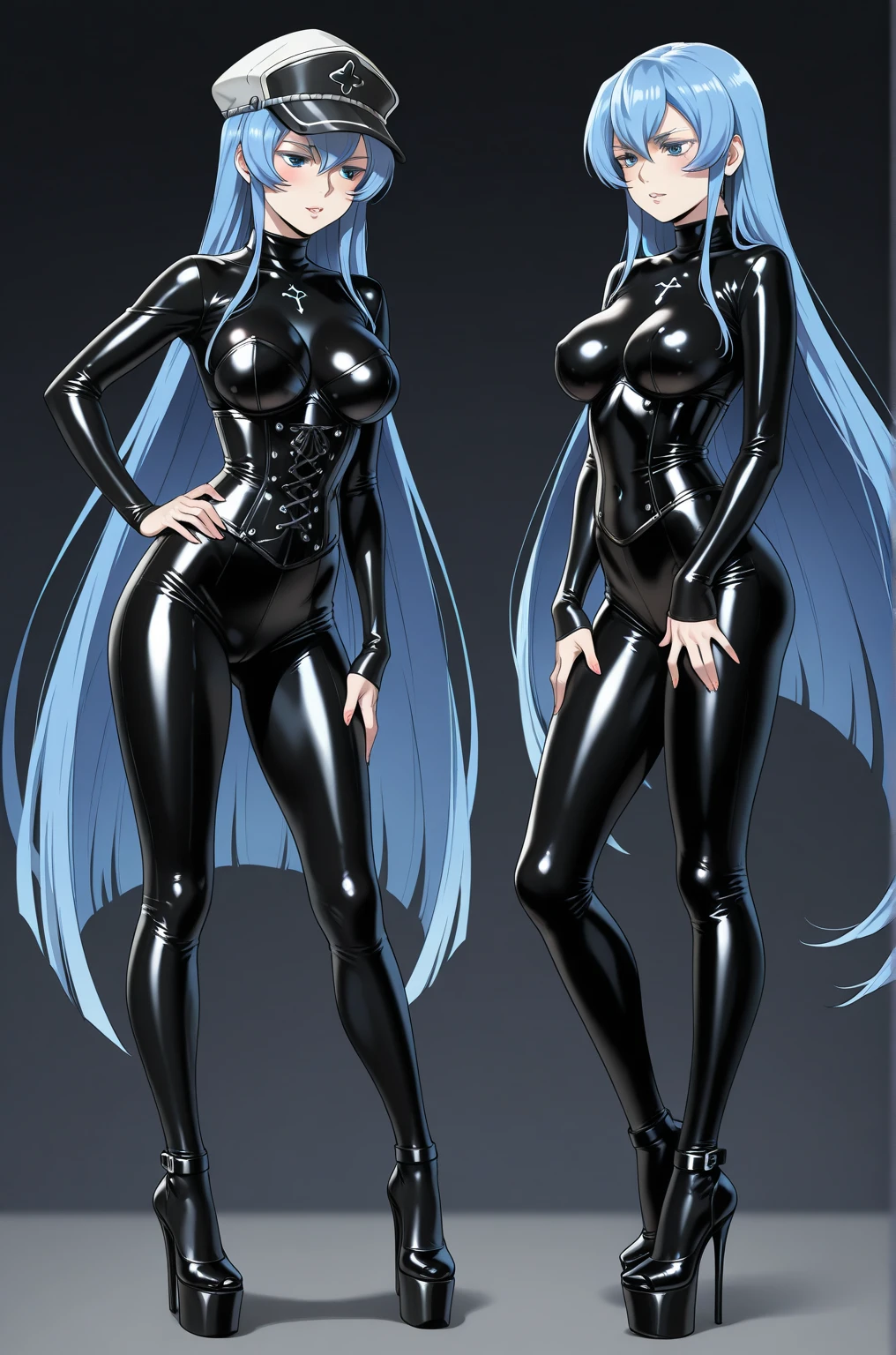 full body picture Unreal Engine 5 8K UHD of beautiful women, wearing tight latex catsuit covered whole body, latex mask, latex collar, corset, latex body harness and lace, arm and leg cuffs, blindfold, latex long glove, best quality, masterpiece