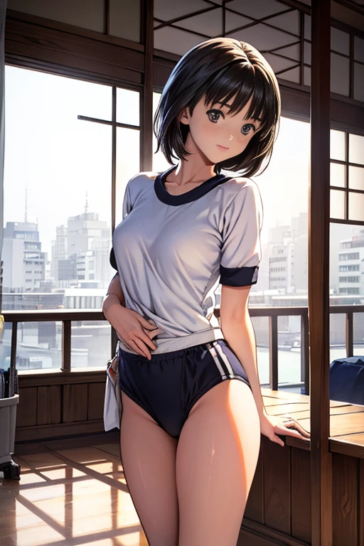 1girl, solo, white polo shirt, white sneakers, tennis wear, white miniskirt, masterpiece, best quality, realistic, hyper-detailed, (shiny skin, sweaty:1.4), absurd, looking at viewer, short black hair, brown eyes, slender, dynamic lighting, high resolution, sharp focus, depth of field, detailed eyes, sharp pupils, realistic pupils, (small breasts:1.6), (thick thighs:1.0), outdoor, sky