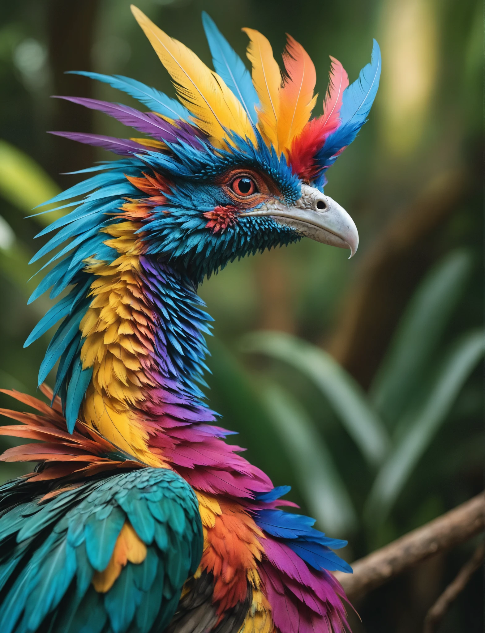 (Highest Quality, 4k, masterpiece, Amazing Details:1.1), a colorful exotic dragon_bird, feathers, film grain, Fujifilm XT3, photography,