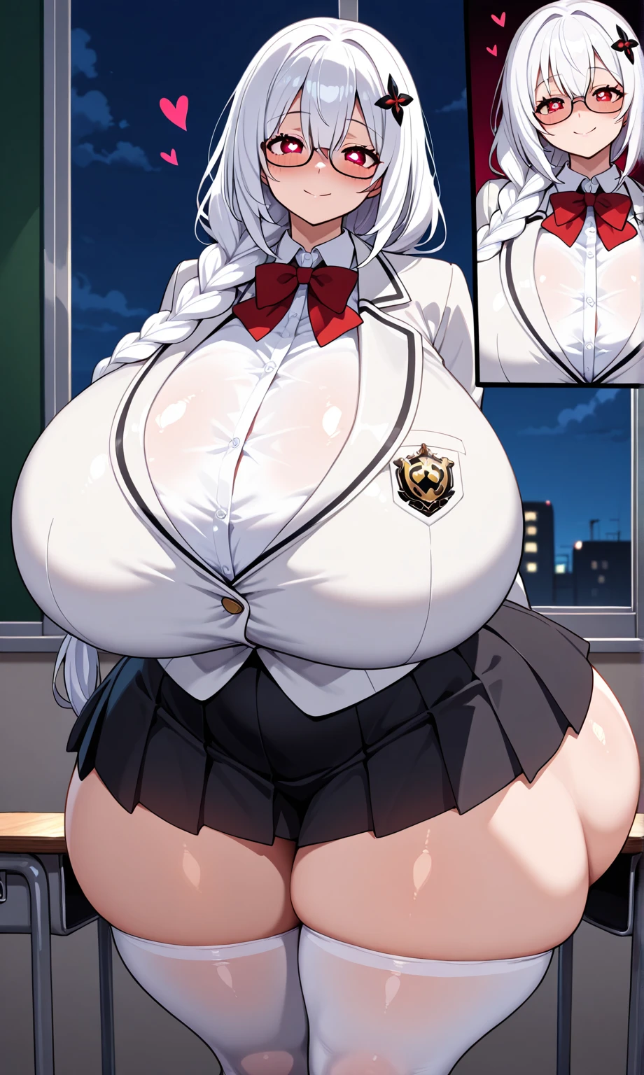 nsfw, (masterpiece, best quality, detailed), dark room. (let girl1 = shiraki meiko, ribbon choker, brown jacket, brown side slit skirt, hot cleavage, open mouth, drooling saliva, shocked face, blush, cum on tits, badhandsv5, (giant breasts:1.3), cum: 1.5). (let guy1 = teacher outfit, old man, evil smile). guy1 groping girl1 from behind.