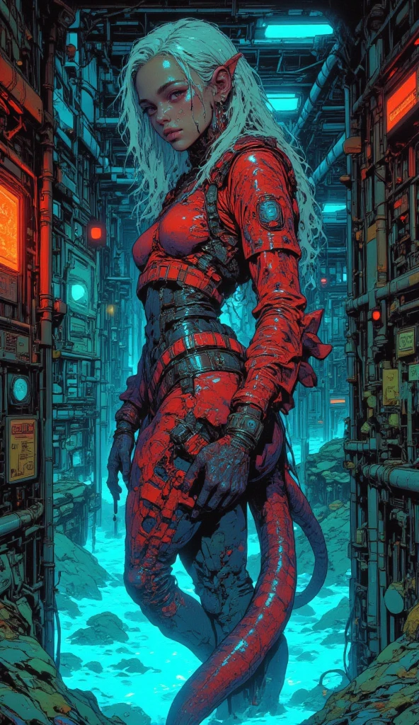 a tattooed cyberpunk Elf in a futuristic city, cleavage, bratty, <lora:deathburgerxl:1> by josan gonzales
