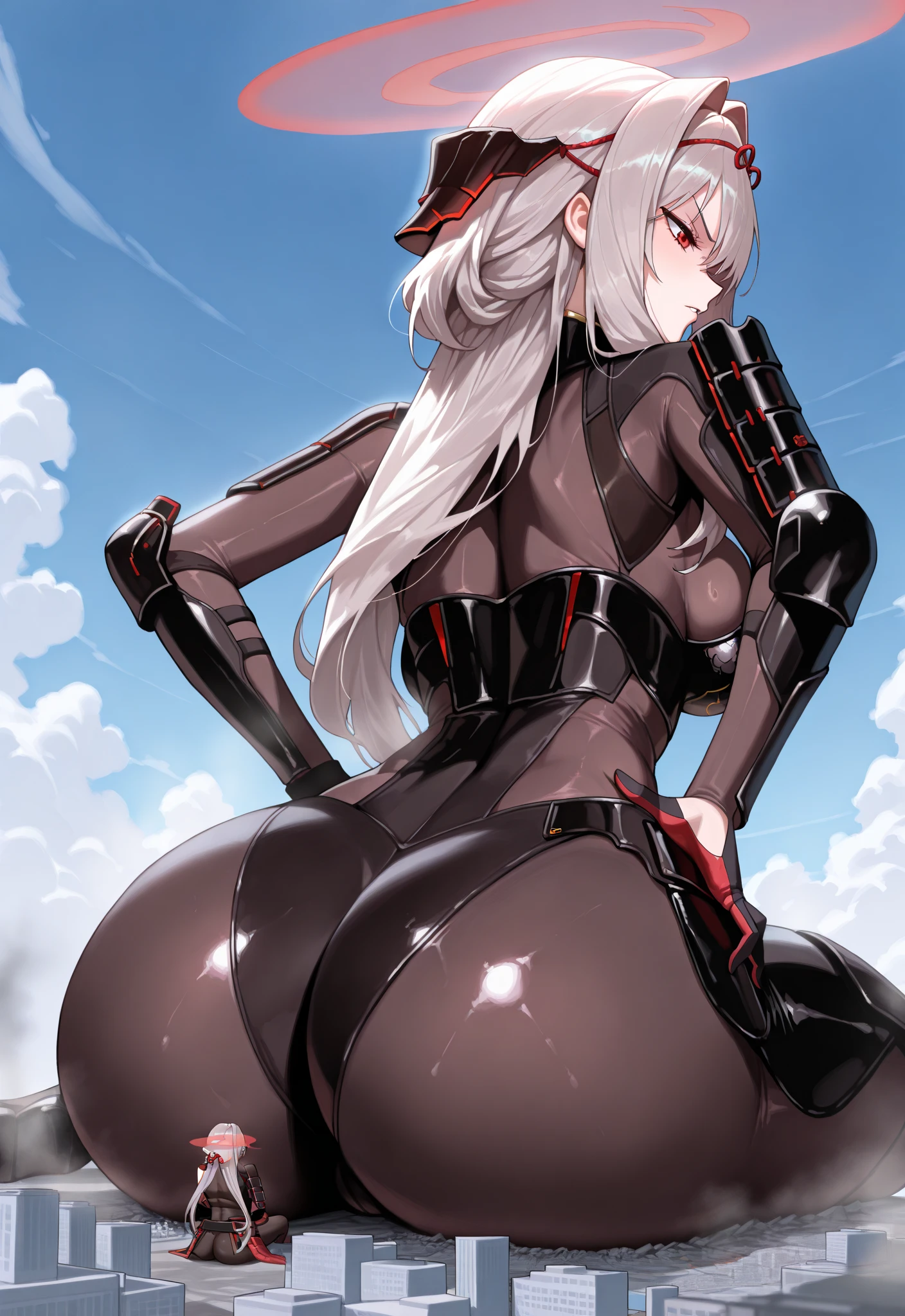 Masterpiece, Best quality,Watching from behind,White-haired elves,Back view,Facing the screen,《Fearless viper》, Three-point bikini, mitts, belt, thigh boots, respirator, view the viewer, face, Portrait, Close-up, Super close,Sexy and charming,Red-faced,Glowing eyes, green smoke, Black background,huge tit,Raised chest,Chest butt,Oversized ass,Ass focused,angry look,Extremely erotic figure,Butt against the screen,High-gloss dark style,Full naked buttocks,Spread your legs and squat