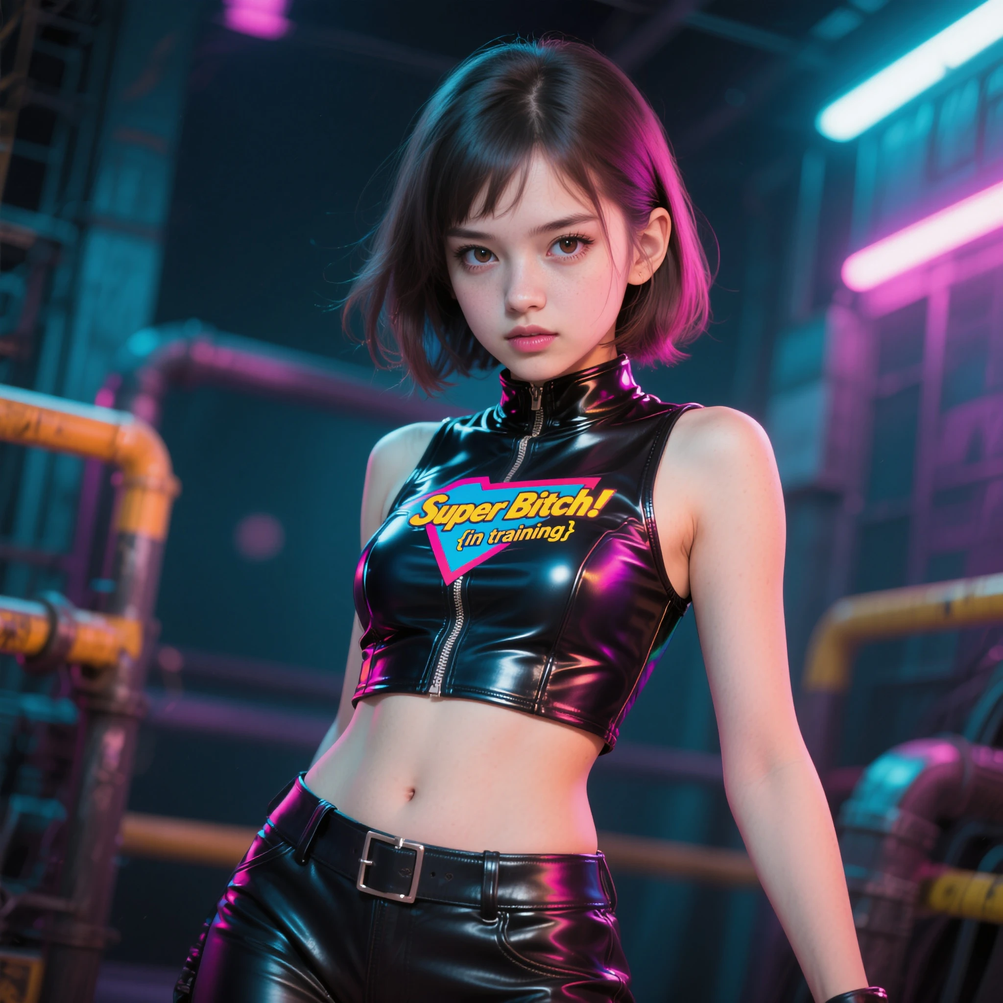 A DJ with short hair styled in a purple and pink mohawk, wearing a dark blue metallic crop top and black cargo pants, dancing energetically in an outdoor festival setting. Pink and purple neon lights illuminate the environment, and she holds silver headphones while looking at the camera with a determined and vibrant expression.