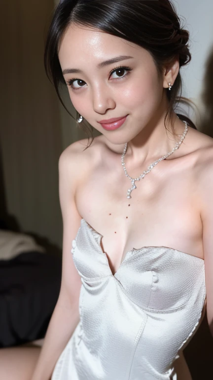a woman wearing jeweled lingerie, small round breasts, Earrings, (((Trendy hairstyles))), intricate beading and gems on the undergarments, shimmering in the light, elegant and alluring, high quality 3D render, hyper detailed, photorealistic, chiaroscuro lighting, cinematic composition, porcelain skin, seductive expression, flowing hair, minimal background, warm color palette
