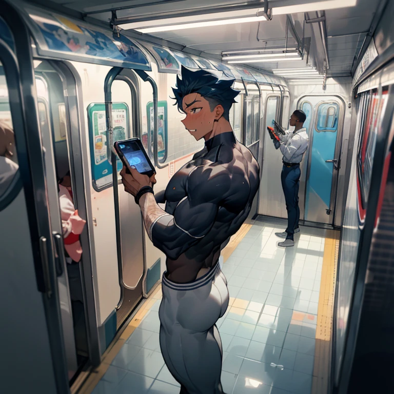 1 black boy subway standing, BOJO MAIOR, large bulge, large bulge, subway full of boys seting in shock with cell phones in their hands recording, big bulge in underwear, bunda grande