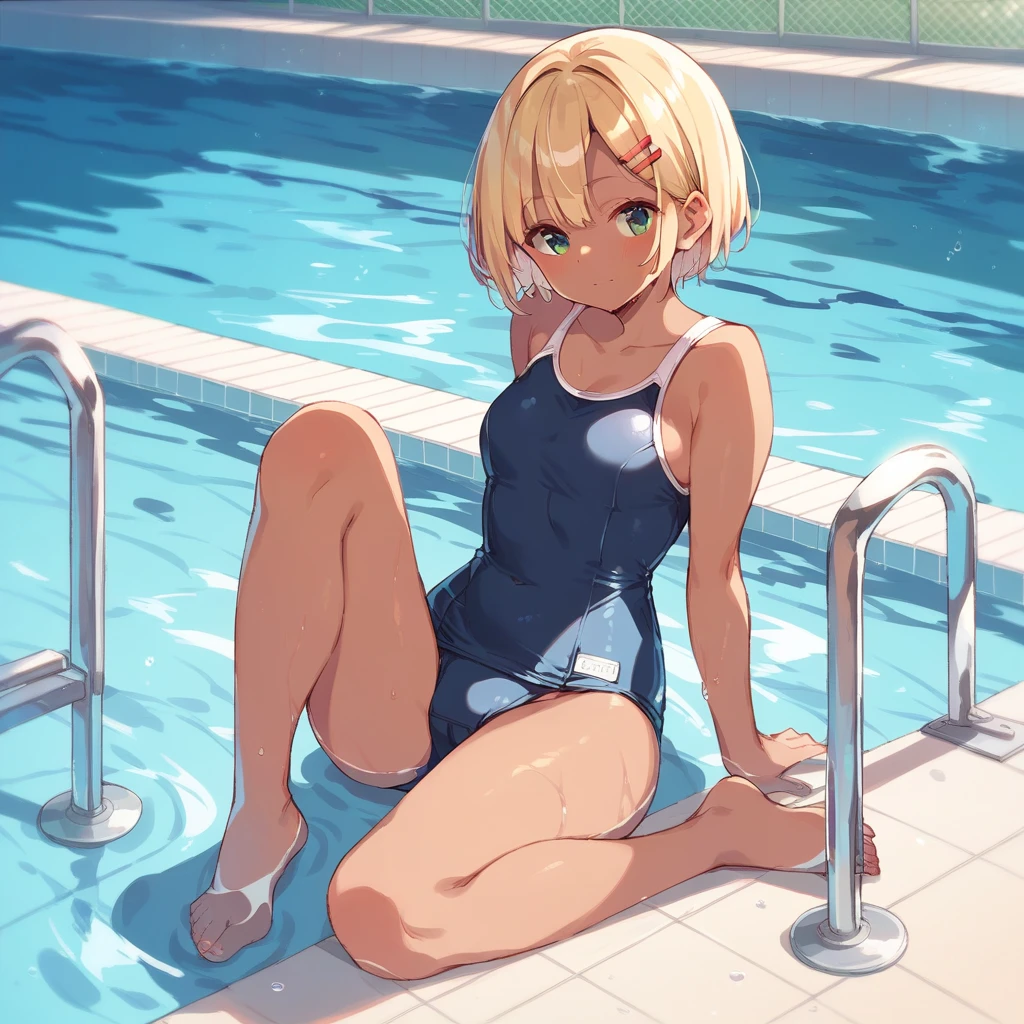 swimming suit、tanny skin、 Platinum Blonde Hair、shorter hair、One Girl、squat and open your legs、Perspective from below、small head、big eye、Blue eyes、 --auto