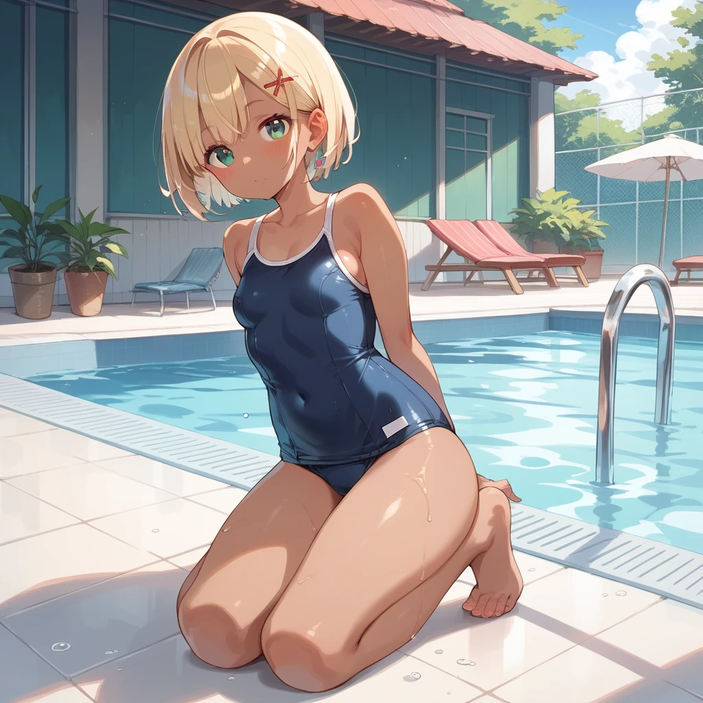 (young girl ,short stature,)gyaru ,flat chest,nsfw,big head, rotund.see-through one-piece-swimsuit,,,sitting,poolside.leg spread,looking to the side,