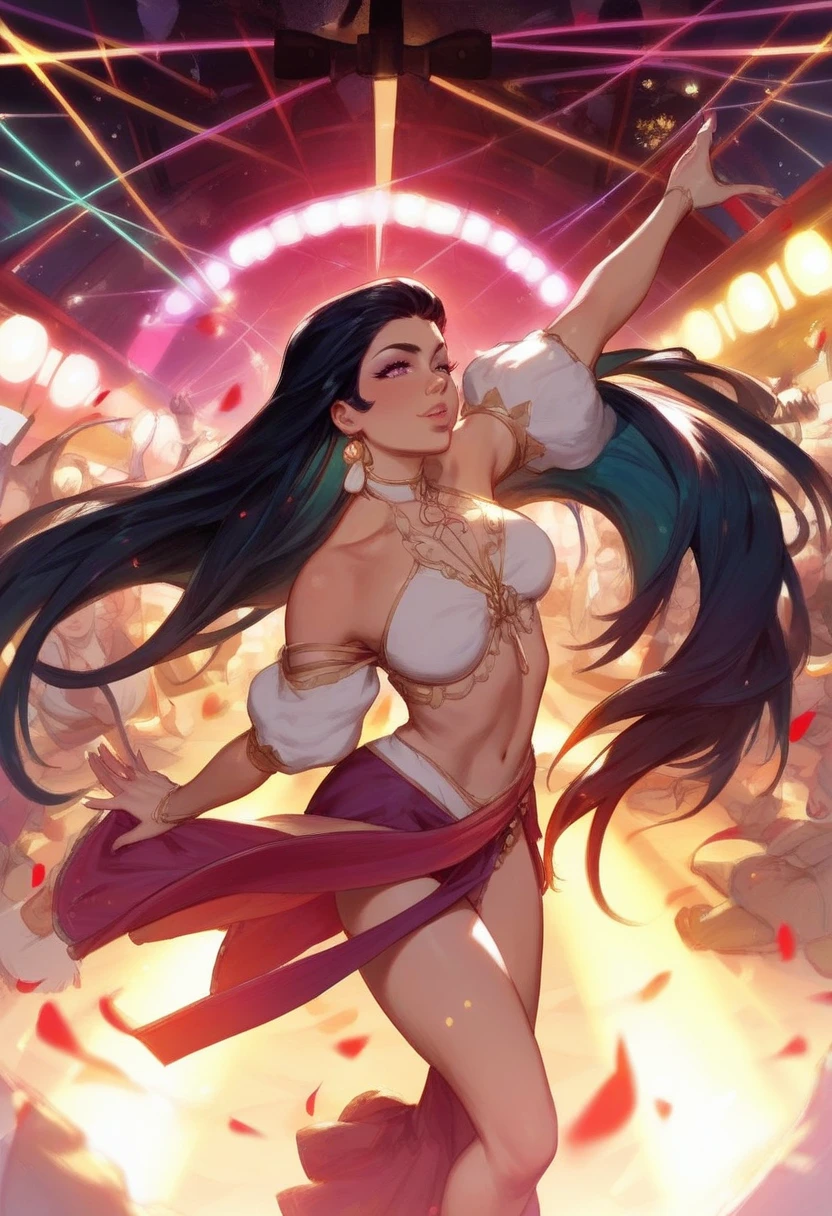 a ((native american model). She wears a red frilly dress, black high heels,  gold jewelry,  gold bracelets. (((native American))), 1woman , curvy, slim waist. ((black hair)), long hair, coco skin, Dark skin, brown eyes. (detailed eyes, detailed face), smile, red lips. Square jaw, high cheekbones, strong jaw line. Show her dancing in a busy dance floor, dramatic movements, surrounded by dancing people, multicolor laser lights, night club background. Bright vibrant colors. 