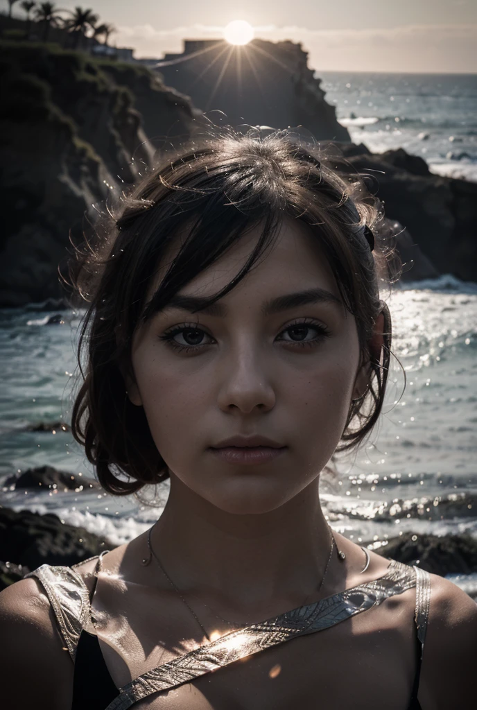 An 18-year-old girl stands facing the camera against the backdrop of the sea.. Detailed faces.