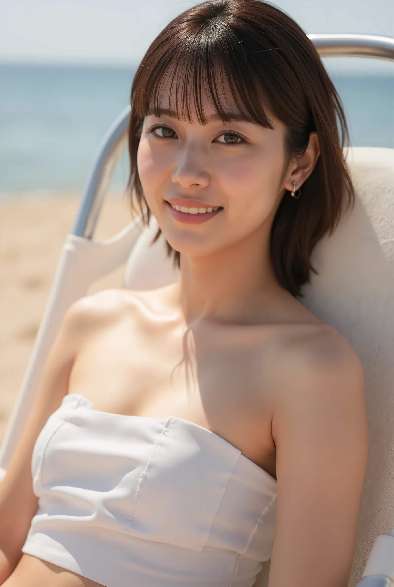 Ultra high-resolution, photo-realistic portrait of a beautiful Japanese woman with a chic short haircut, reclining on a beach lounge chair under soft afternoon sunlight. She wears a minimal, elegant tube-top bikini that accentuates her collarbones and upper chest. The shot is a close-up from upper chest to head, perfectly framed to capture her flawless skin and features. She looks directly into the camera with a calm, confident expression — a subtle, natural smile playing on her lips. The ocean breeze gently moves her hair. The atmosphere is relaxed, sun-warmed, and emotionally intimate, like a quiet gravure moment frozen in time.