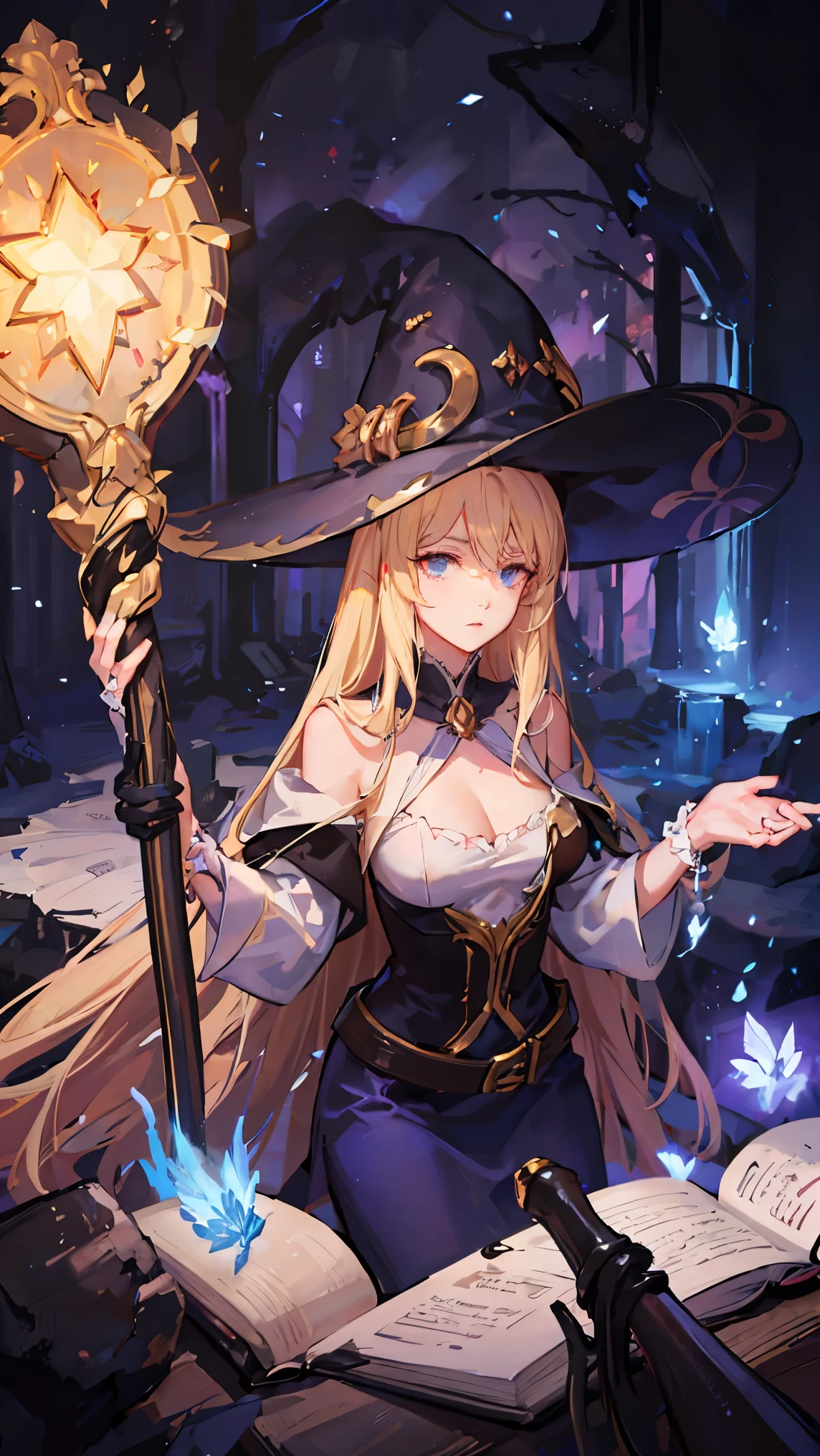 A blonde-haired female sorceress explores the depths of a mysterious underground dungeon. She discovers an ancient grimoire resting atop a tall, waist-high crystal pedestal carved with runic symbols. The grimoire is an ornate, weathered tome bound in black leather with glowing glyphs on the cover. The sorceress wears a flowing indigo robe with silver embroidery along the hems and cuffs, layered over a fitted leather corset and a practical utility belt. Her wide-brimmed indigo witch hat is slightly worn, adorned with a silver clasp shaped like a crescent moon. She holds a twisted elmwood staff, which radiates a soft magical glow from its tip, subtly illuminating the surrounding stone chamber. Her blue eyes reflect determination and wonder as she gazes at the tome. Her long blonde hair is loosely tied at the nape of her neck. The dungeon is dark and ancient, with moss-covered stone, arcane symbols glowing faintly on the walls, and a sense of deep, hidden magic in the air.