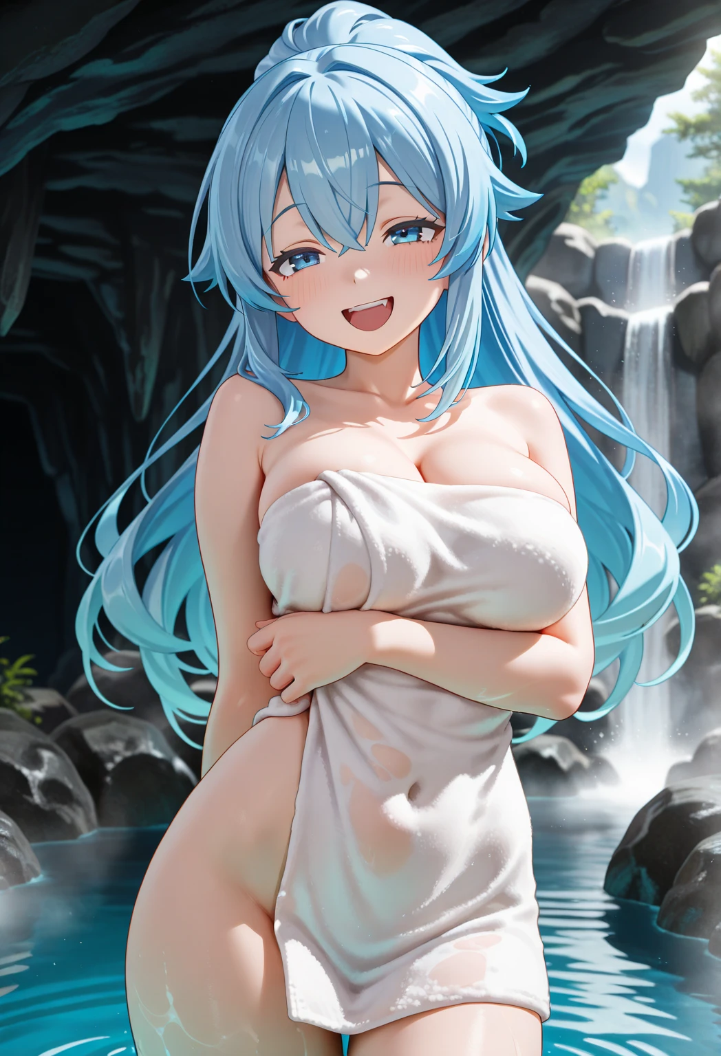 (masterpiece), best quality, 4K, expressive eyes, perfect face,Mature female,1 girl (ganyu,Genshin impact),nude,waterfall background,medium breasts,smile seductively,nipples,wet,slim figure