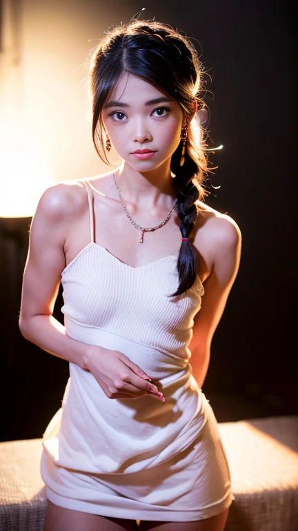 ((Woman in sexy, worn-out torn cotton tank top in cluttered barn)), ((Detailed and realistic face and eyes)), Cinematic lighting, 8K resolution, (Model shooting style), Sunset, (from_below:1.4), Soft little cover by (ripped cotton tank top) Natural breasts