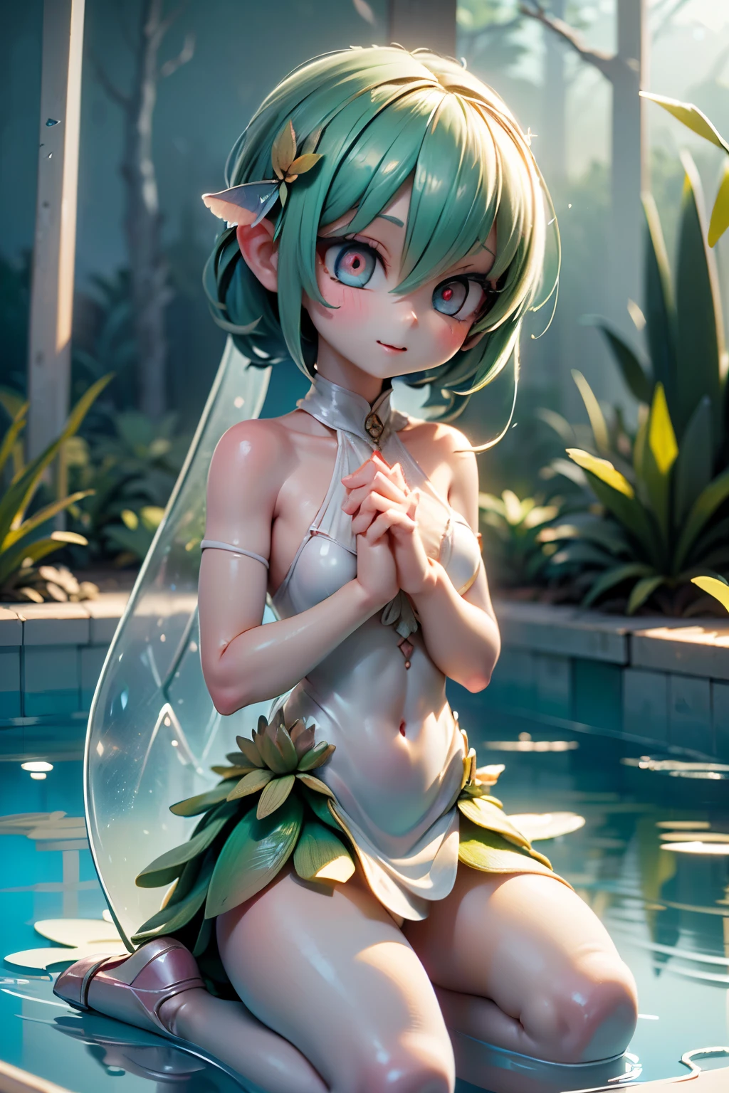solo,   1 female,cute, cute,small ,Skin color is whiteいです,(succulent plant succulent fairy:1.5),(Behind is a mysterious fairy:1.5),(Skin color is white:2.0),(anatomically accurate hands:2.0),(    ballerina pose    :1.5),(emerald green jewel-like eyes:2.5),(Eye-catching highlights, reflective light:2.0),(背景は青い空とBeautiful fresh green  の森:1.5),(semi-long yellow-green shiny hair:1.2),(Laughing:1.2),(in、large transparent dragonfly and agave feathers growing on the back:1.7),(beautiful and luxurious dress like metallic green:1.5),big cute smile,(Beautiful dragonfly feathers in the back:1.5),[Dragonfly Wings:1.5],(background is blue sky, Beautiful fresh green  , and agave forest:1.5),(8k,Highly detailedCGユニットのWallpaper, masterpiece,high definition, Real texture skin,Surrealism,Increase Resolution,raw photo,Highest Quality,Highly detailed,Wallpaper,Movie Lighting,    Raytrace    ,Close-up of face in the background,(Face light:2.0),(Increase overall color saturation:2.0),(A cowboy sinking into a pool getting down on one knee is filmed:1.5), Front Light ,