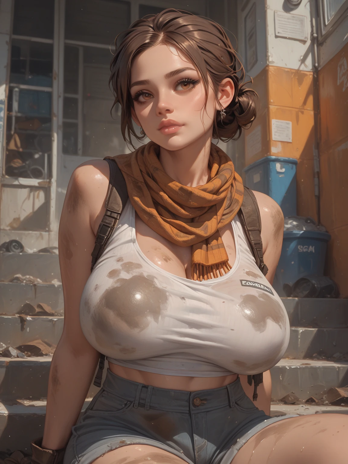 ((NSFW,爆乳,large areola、Beautiful nipple、toppless,shinny skin:1.5),((masterpiece、top-quality、realisitic、ultra-detailliert、hight resolution、Photorealsitic、foco nítido))、Stunning portrait of a beautiful woman、bustshot、Focus from the chest up、sad Facial expression、With an oval face and symmetrical facial structure、big eye、Soft skin、pale white skin、Mouth closed、Blood on the face、sad Facial expression、Beautiful detailed eyes、dark brown soldier hairstyle,Camouflage helmet、Beautiful detailed eyes、Army camouflage uniform、Camouflage Tactical Vest、Long trousers with camouflage pattern、Combat gloves、rucksack、Black Military Undershirt、Tanks on the background、White smoke、Detailed hand depiction,((Nipples are visible))