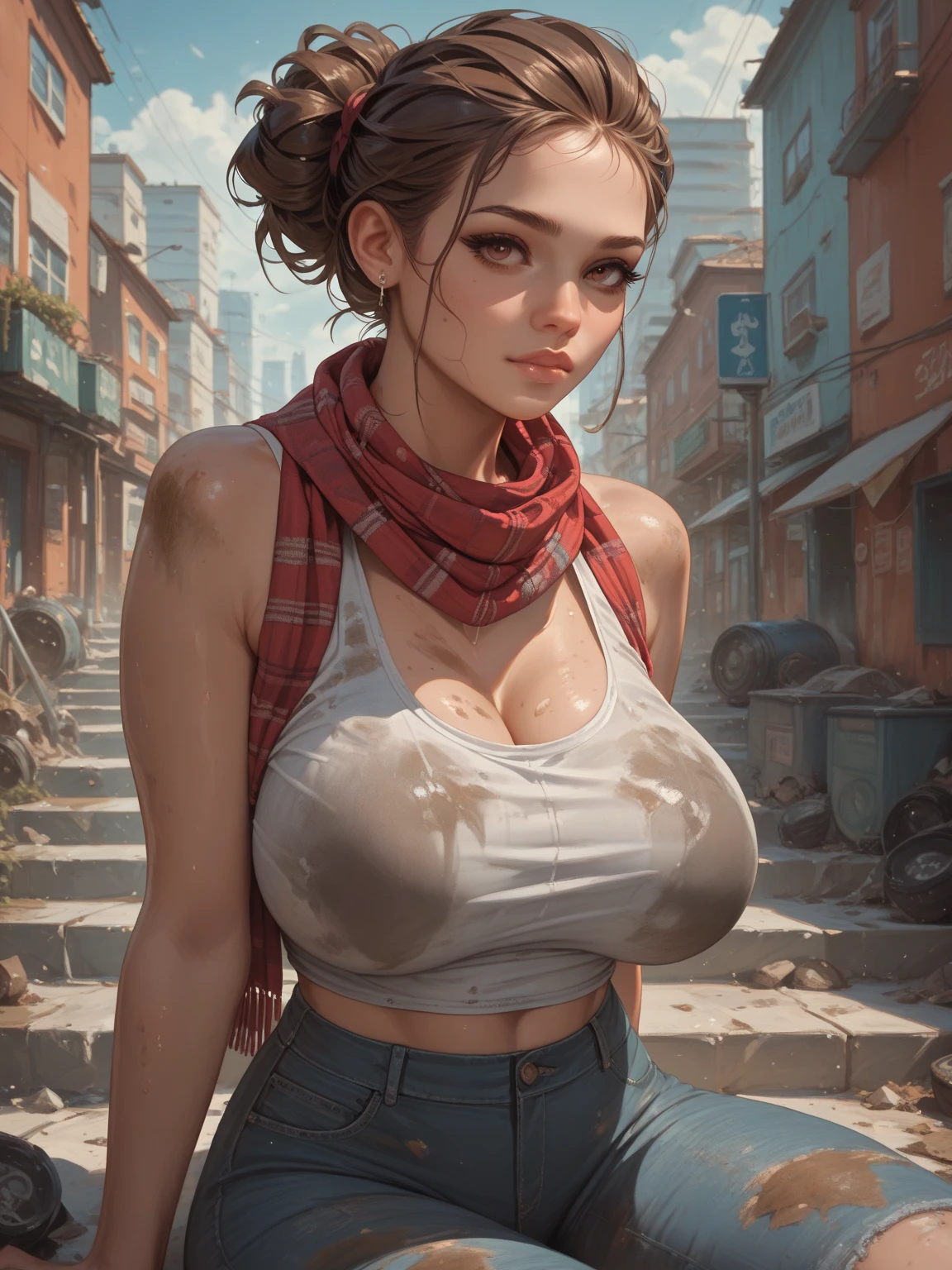 (8K、Best Quality、masutepiece:1.2)、(Realistic、Photorealsitic:1.37)、Ultra-detailed、1girl in、Cute、Solo、(Colossal breasts:1.5)、(Beautiful detailed eyes)、(Smile:1.2)、Closed mouth、Sharp Focus、depth of fields、Good composition、Long straight hair、Convoluted、Bokeh、Perfect breasts、(full:1.5)Toned body、Athletic、wide hips、thin waist、toned arms、exposed abdomen、precise and perfect human body structure, (Textured skin: 1.26), hyper realistic photography, (Raw photos that won many awards: 1.27), depth of fields, Cinematic lighting, ((Ponytail: 1.47)), Brown hair、foco nítido:1.2、Beautiful woman with perfect body:1.4、Slim abdomen:1.2、((Layered Haircut、Colossal tits:1.2))、(no-bra) (Small and beautiful hard nipple) (Thin, damp buttons up to shirt length:1.1)、(White shirt wet by rain)、(Sateen、a street:1.2)、Wet body:1.1、skin tanned、sexy for、sunburned、Dark skin、sun burned body、exposed shoulder、cleavage of the breast