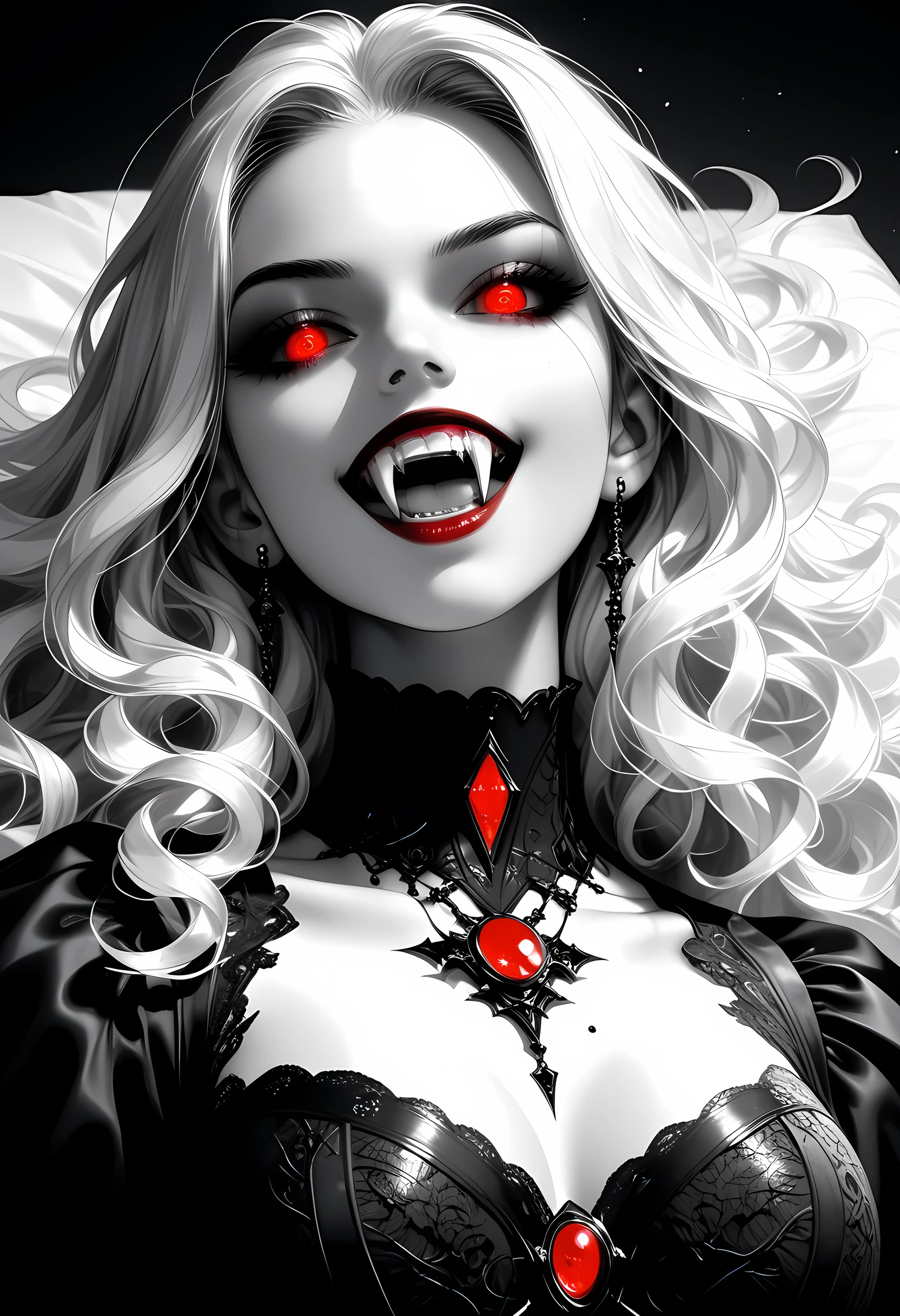 score_9, score_8_up, score_7_up, fantasy art deco, A (1960s photoshoot style black and white, only color is blue and red) glamours female vampire model shot, RAW, award winning, of an exquisite beautiful solo female vampire, ultra feminine, full body, busty woman, most beautiful face ultra detailed face, long hair, wavy hair, pale skin, glowing red eyes, wearing blue silk corset, stockings, wearing intricate high heels, lying in bed, light make up, modern day high society bedroom background, ((black and white filter)), , picture taken from dynamic range, vibrant, Ultra-high resolution, High Contrast, (masterpiece), highest quality, Best aesthetics), best details, best quality, highres, ultra wide angle, 16k, ultra detailed, masterpiece, best quality, (extremely detailed), Perfect Fangs,