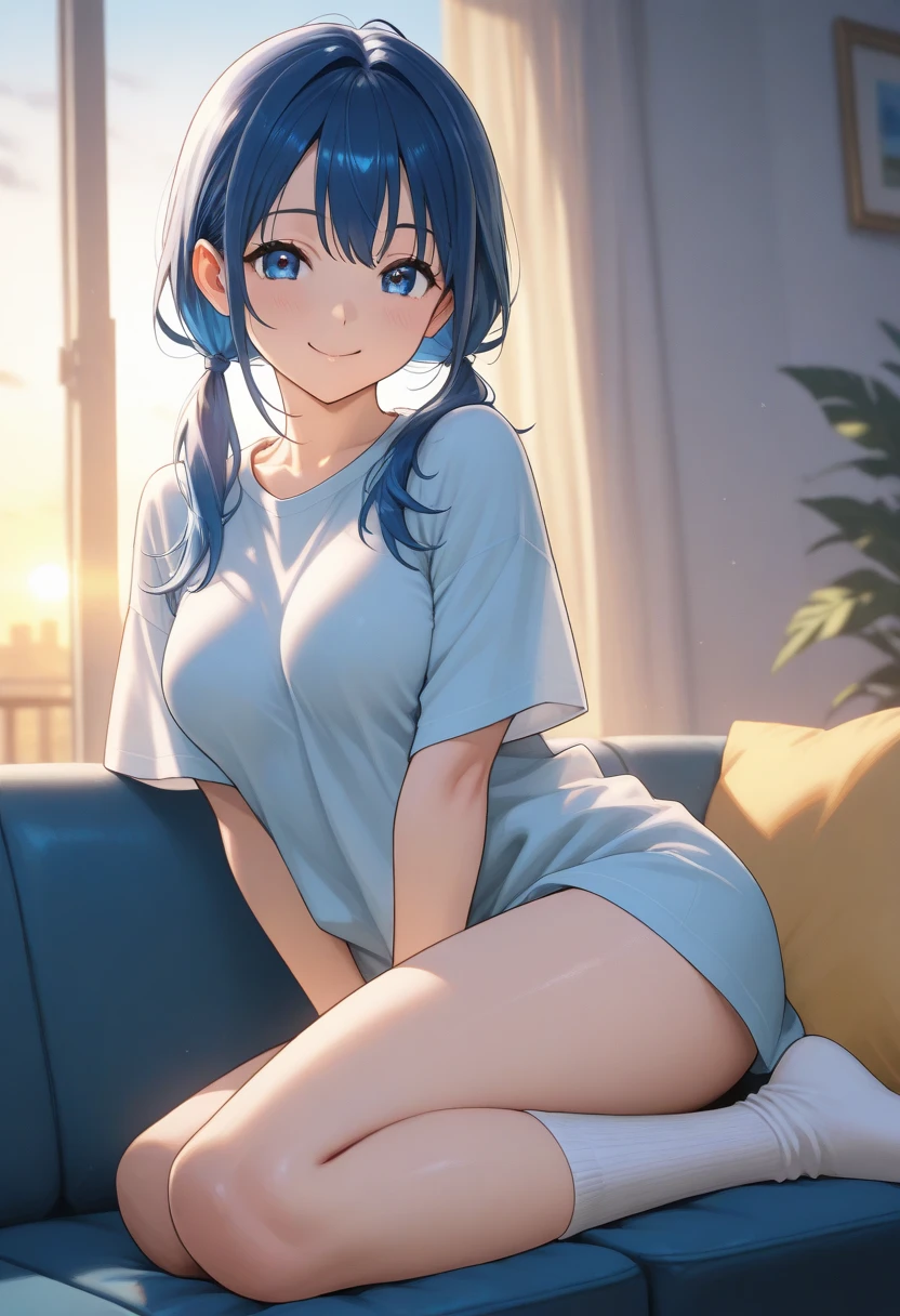 Anime girl in white polo shirt and white shorts sitting on sofa、Suzuki Tsuzumi、Indigo Hair:1.3、Bobcut、White hair band:1.2、(LOL:1.1)、 Smooth anime CG art, Anime Moe Art Style, Enchanting anime girl, Curvaceous, Cute Anime Girl, Cute 3D anime girl render, Photorealistic anime girl rendering, Painted in an anime artist's studio, Cute girl anime visuals, Digital anime art!!