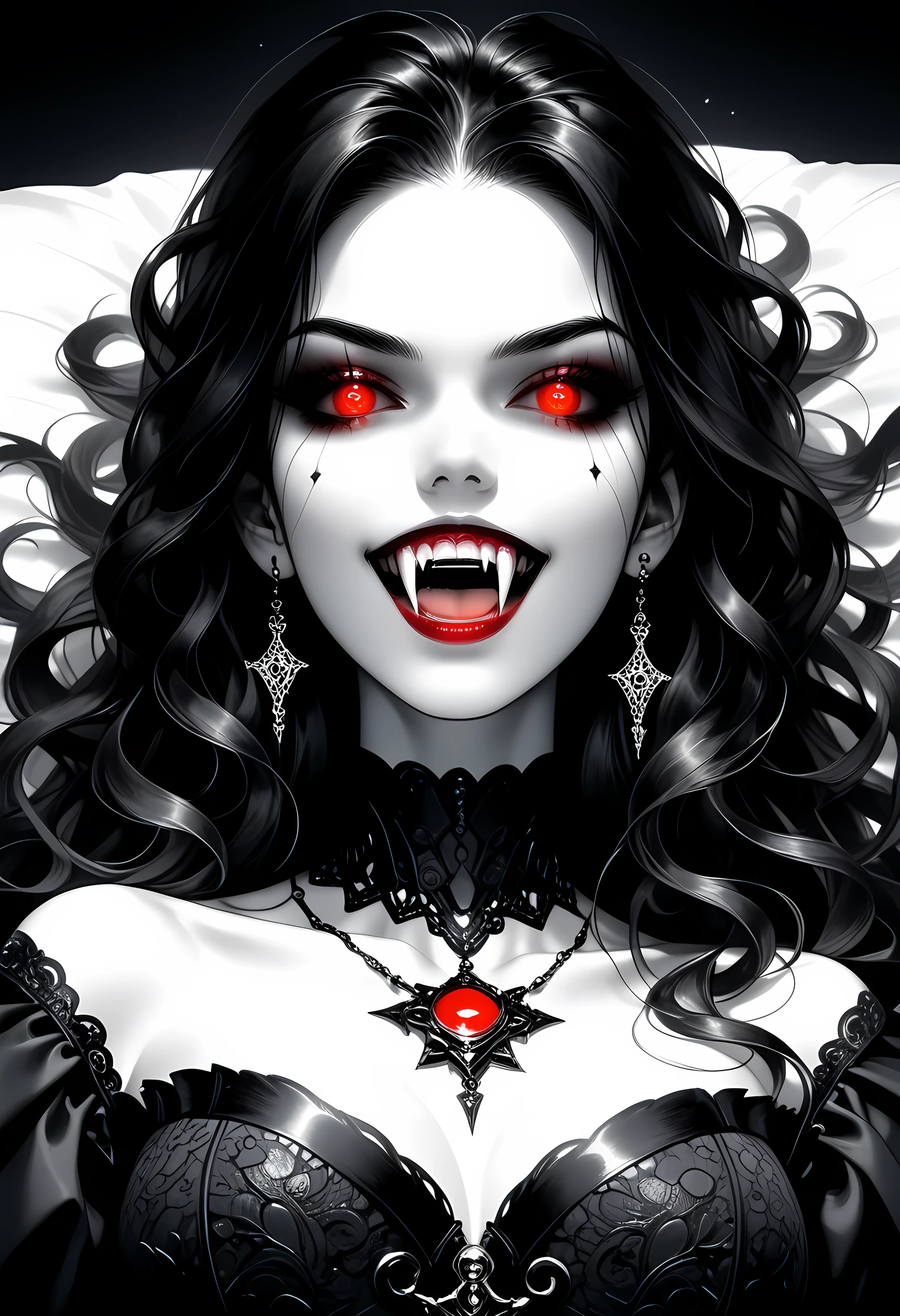 score_9, score_8_up, score_7_up, fantasy art deco, A (1960s photoshoot style black and white, only color is blue and red) glamours female vampire model shot, RAW, award winning, of an exquisite beautiful solo female vampire, ultra feminine, full body, busty woman, most beautiful face ultra detailed face, long hair, wavy hair, pale skin, glowing red eyes, wearing blue silk corset, stockings, wearing intricate high heels, lying in bed, light make up, modern day high society bedroom background, ((black and white filter)), , picture taken from dynamic range, vibrant, Ultra-high resolution, High Contrast, (masterpiece), highest quality, Best aesthetics), best details, best quality, highres, ultra wide angle, 16k, ultra detailed, masterpiece, best quality, (extremely detailed), Perfect Fangs,